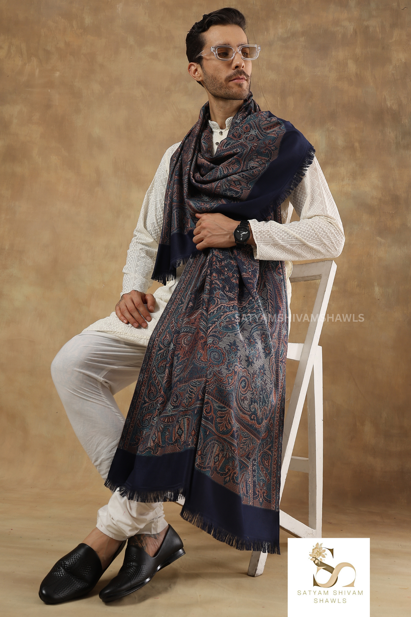 VINTAGE ROYAL JAMAWAR PAISLEY KANI DESIGN MENS SHAWL,NAVYBLUE