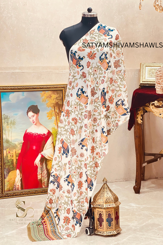 SHIKAARDAR WOMENS FINE SOFT PRINT SILK WOOL STOLE,WHITE