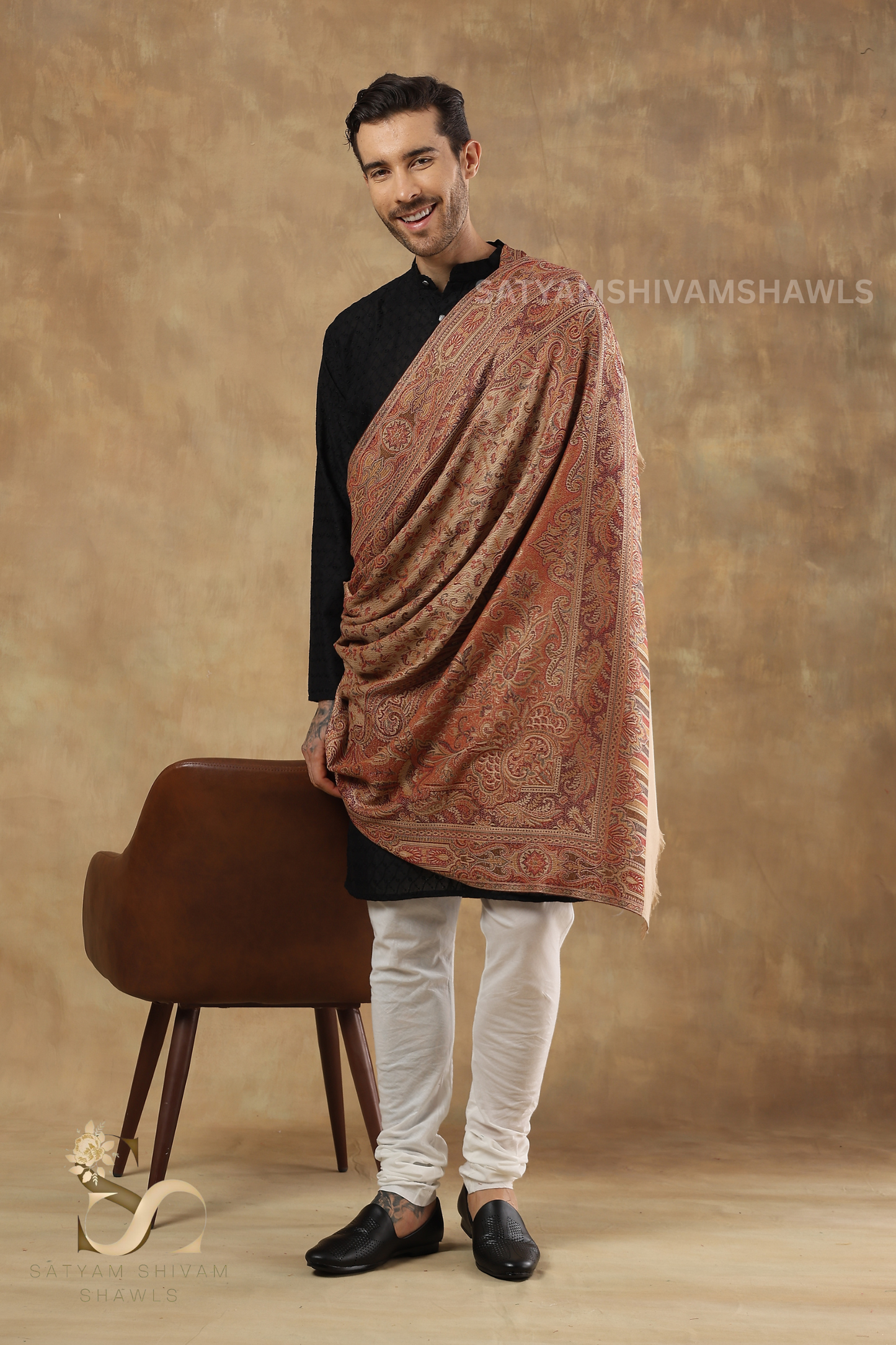 VINTAGE ROYAL JAMAWAR PAISLEY KANI DESIGN MENS SHAWL,BEIGE