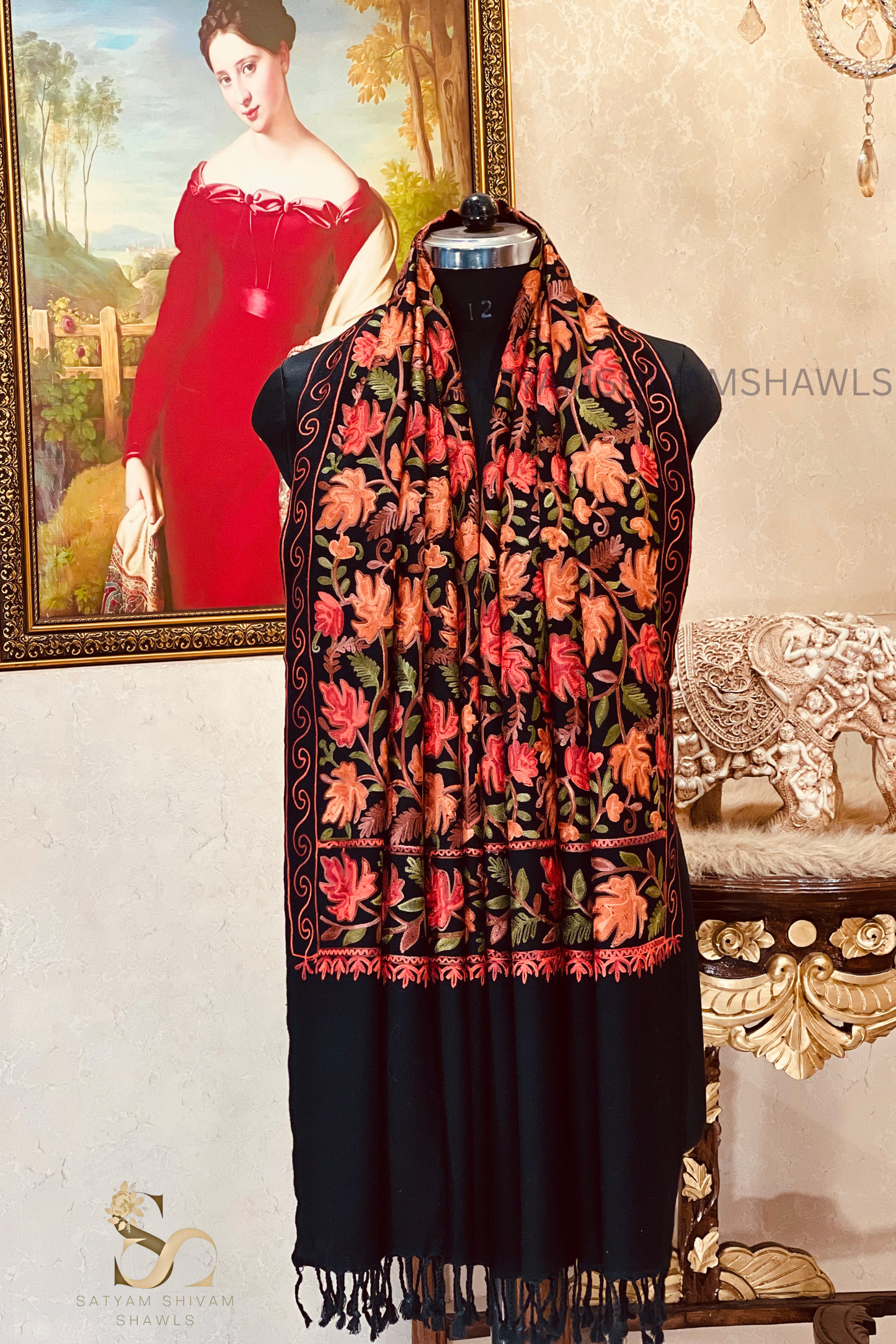 PURE WOOL KASHMIRI FINE ARRI WORK ANTIQUE CHINAR DESIGN STOLE,BLACK