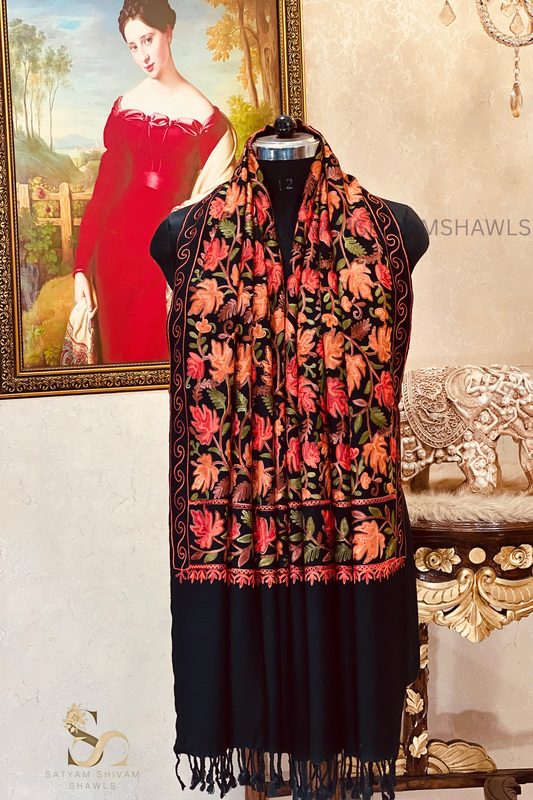 PURE WOOL KASHMIRI FINE ARRI WORK ANTIQUE CHINAR DESIGN STOLE,BLACK