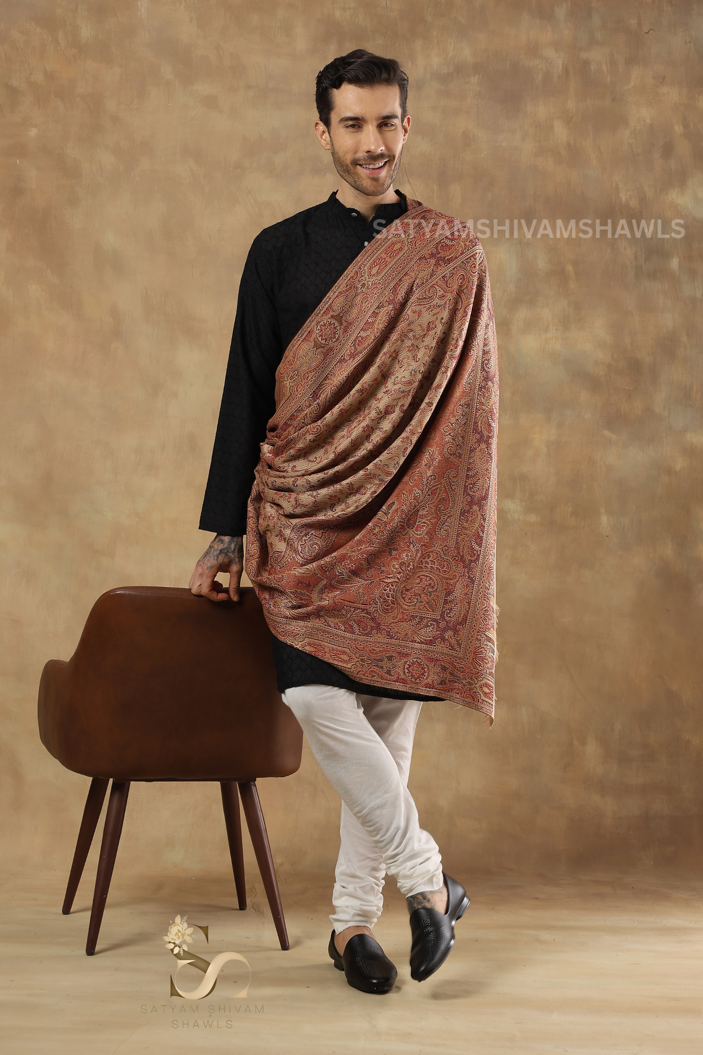 VINTAGE ROYAL JAMAWAR PAISLEY KANI DESIGN MENS SHAWL,BEIGE