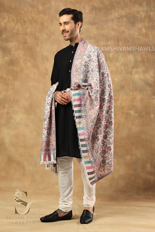 MENS ETHNIC KASHMIRI CHINAR DESIGN KANI  SHAWL, Light Weight, Soft And Warm, White