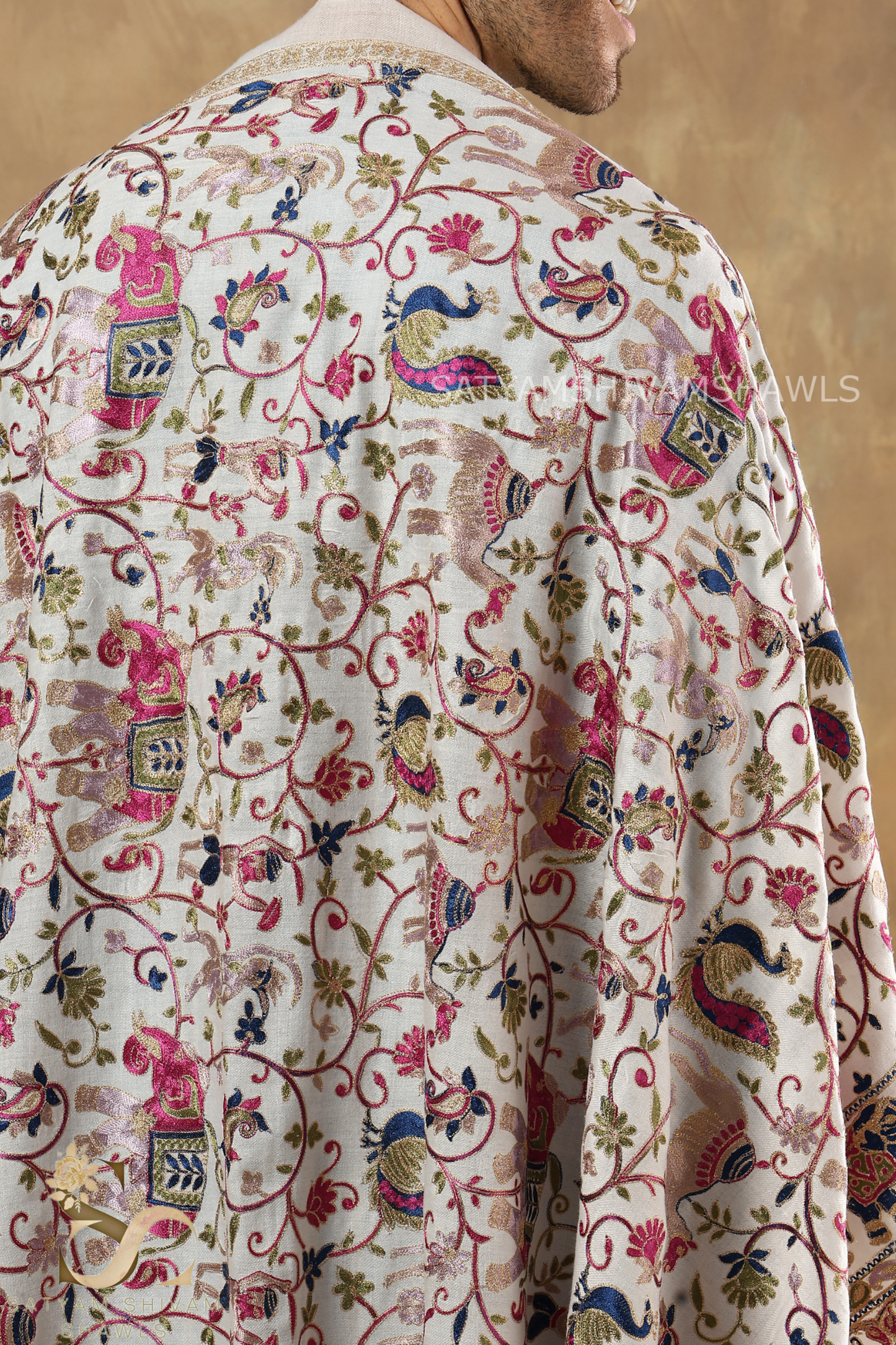 "SHIKAAR-E-KASHMIR" TILLA EMBRODIERY FINE PASHMINA WOOL, WARM AND SOFT,WHITE