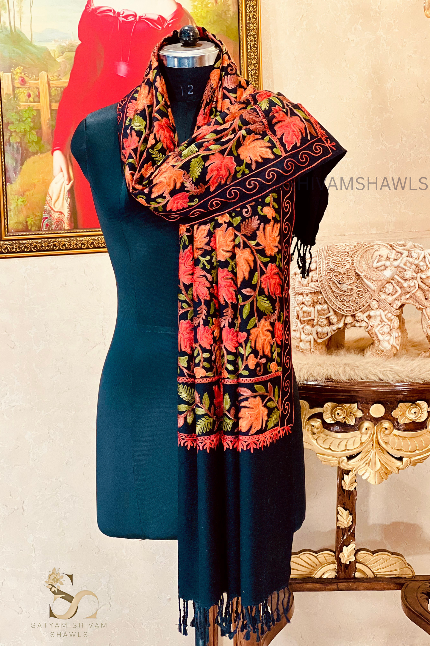 PURE WOOL KASHMIRI FINE ARRI WORK ANTIQUE CHINAR DESIGN STOLE,BLACK