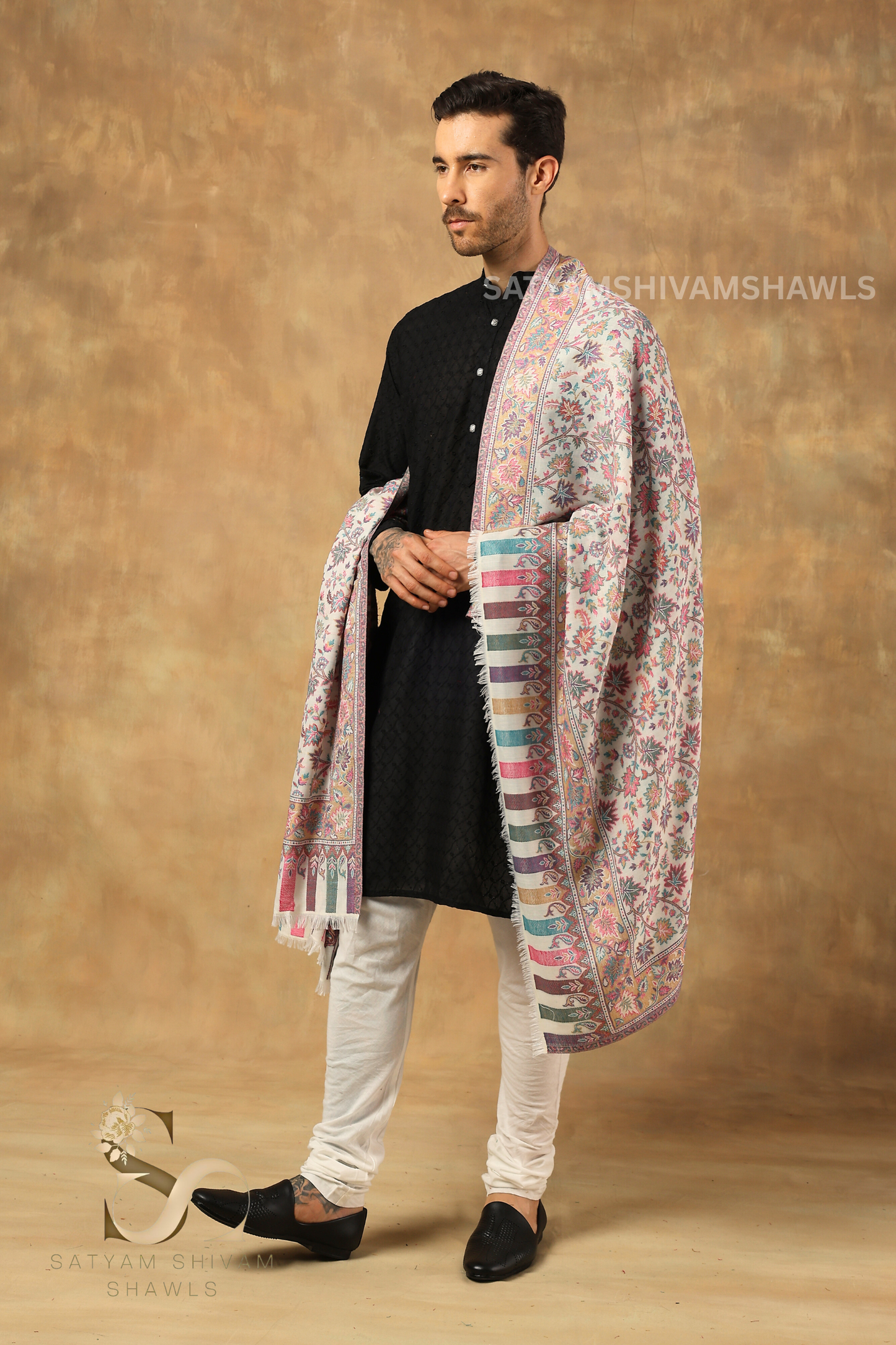 MENS ETHNIC KASHMIRI CHINAR DESIGN KANI  SHAWL, Light Weight, Soft And Warm, White