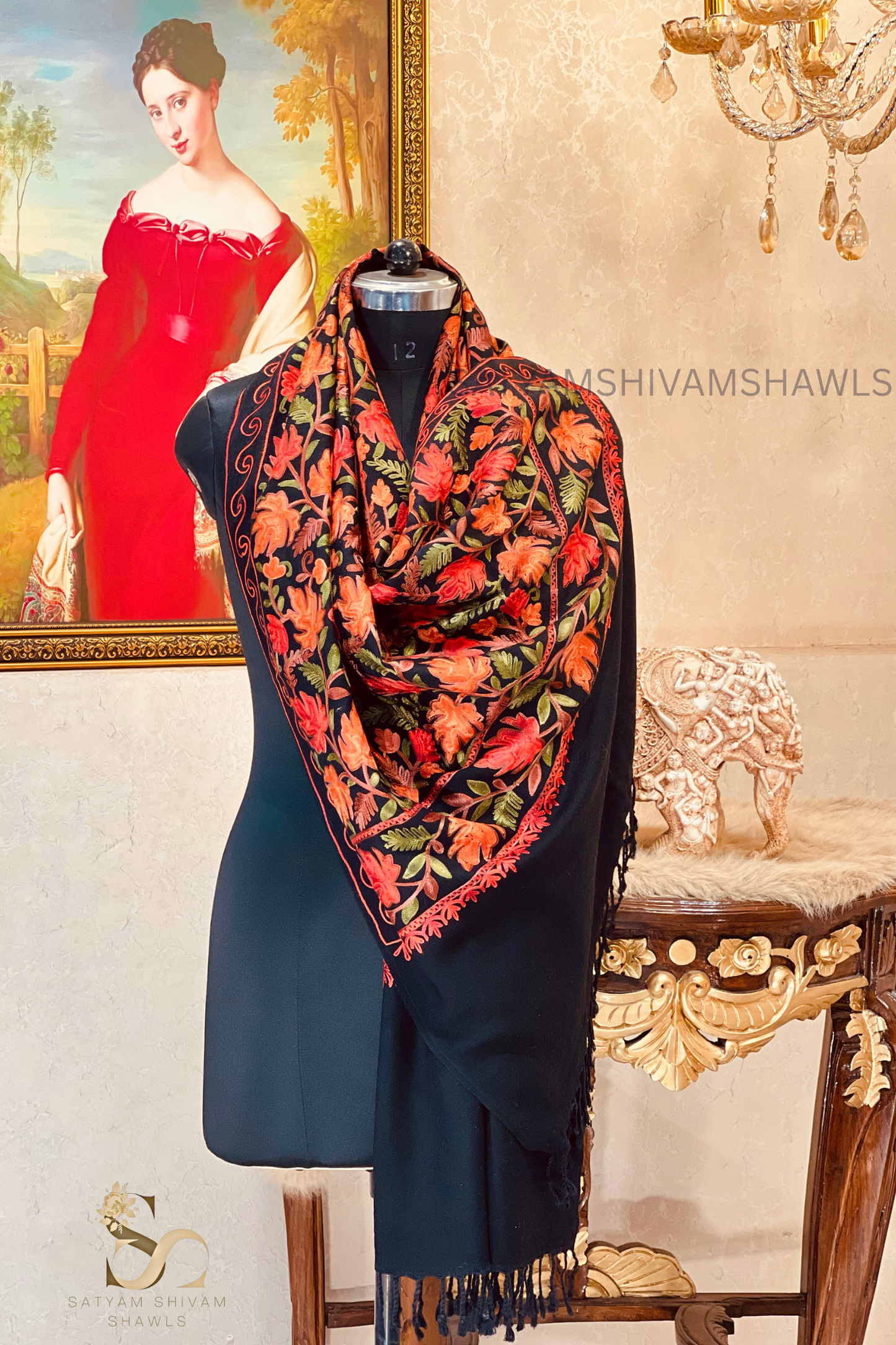 PURE WOOL KASHMIRI FINE ARRI WORK ANTIQUE CHINAR DESIGN STOLE,BLACK