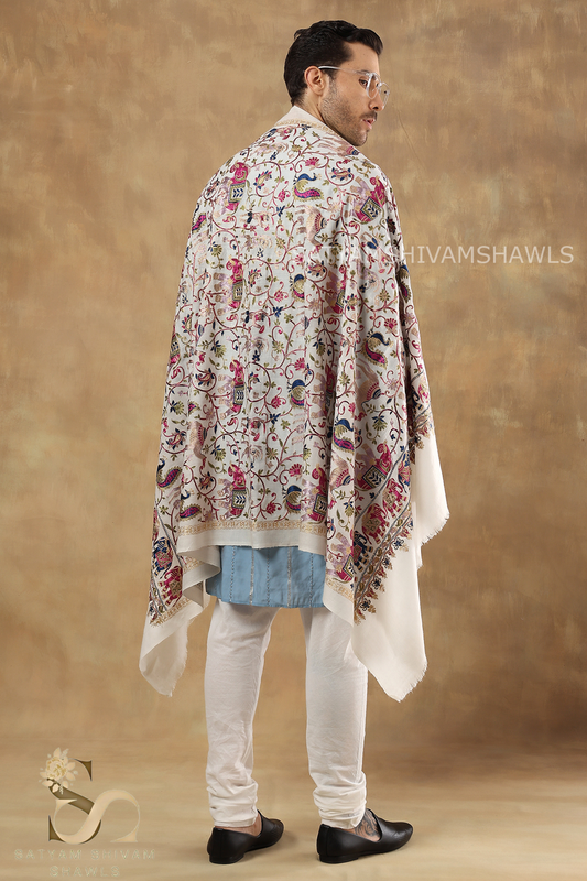 "SHIKAAR-E-KASHMIR" TILLA EMBRODIERY FINE PASHMINA WOOL, WARM AND SOFT,WHITE
