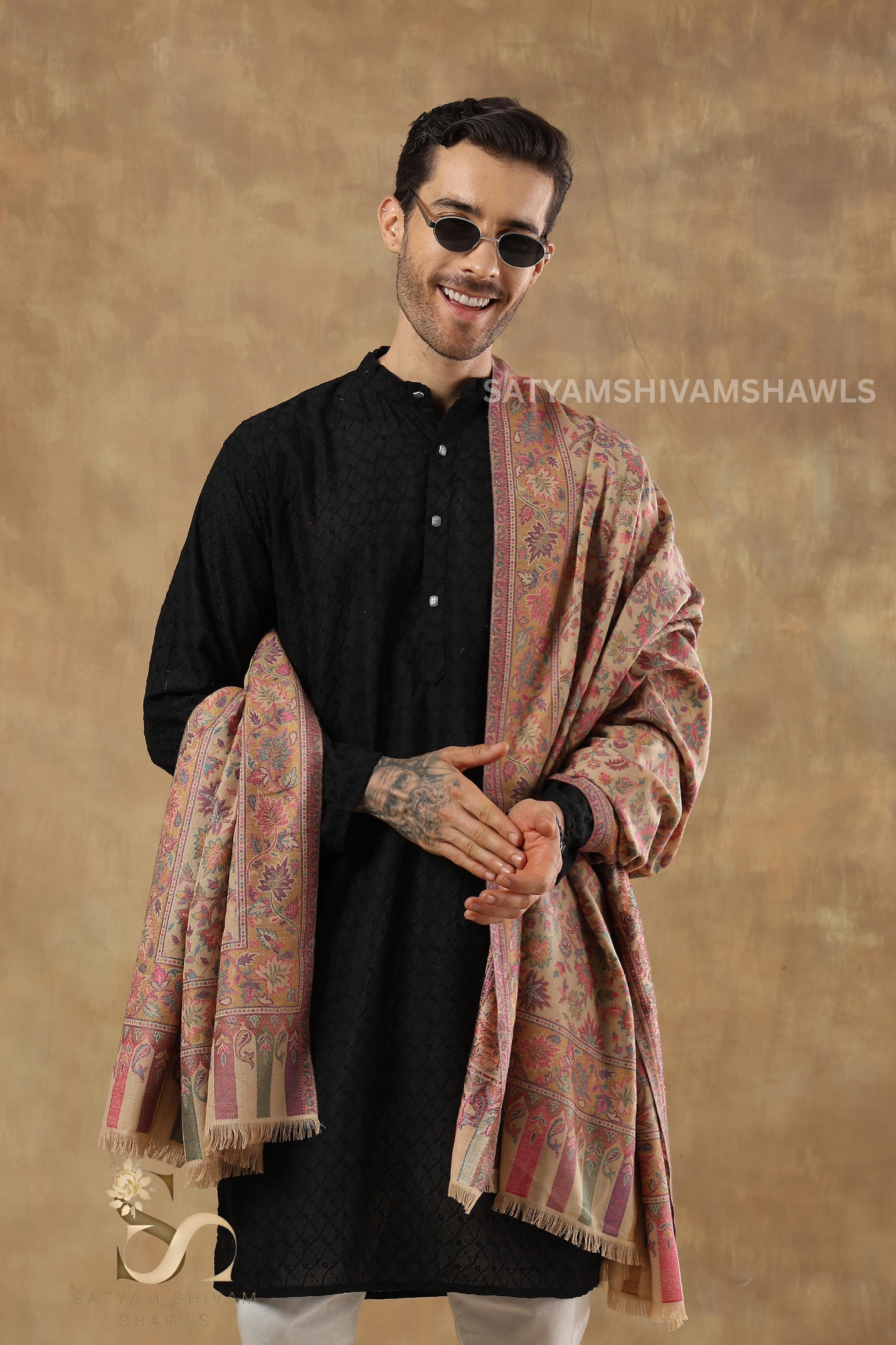 MENS ETHNIC KASHMIRI CHINAR DESIGN KANI  SHAWL, Light Weight, Soft And Warm, BEIGE