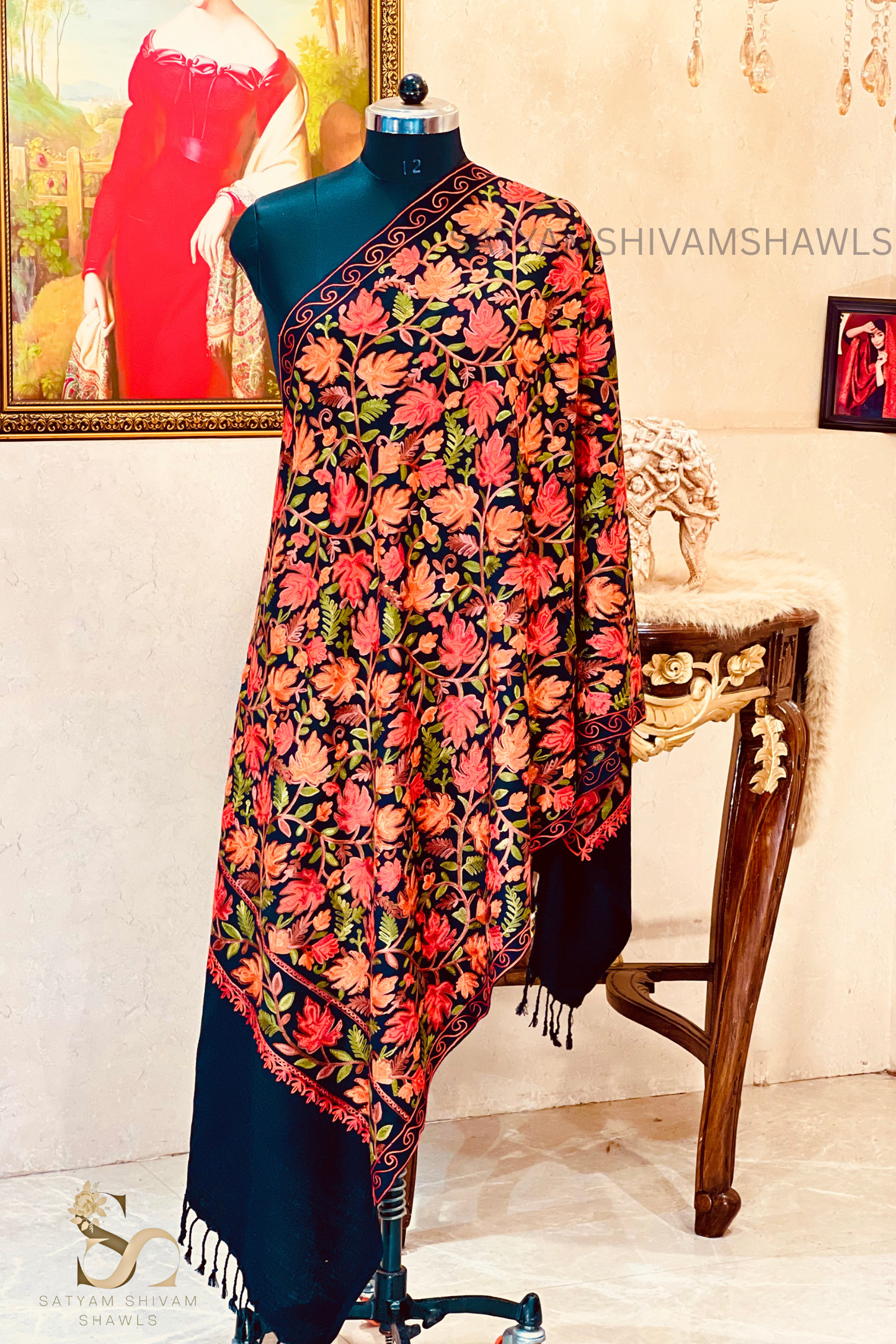 PURE WOOL KASHMIRI FINE ARRI WORK ANTIQUE CHINAR DESIGN STOLE,BLACK