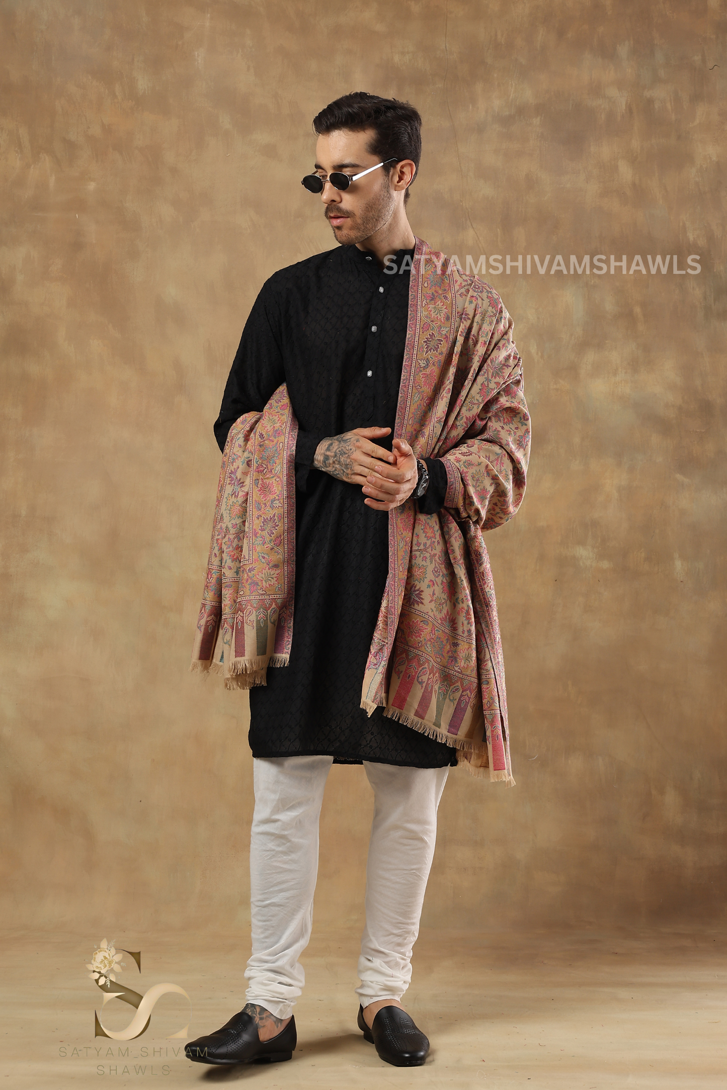 MENS ETHNIC KASHMIRI CHINAR DESIGN KANI  SHAWL, Light Weight, Soft And Warm, BEIGE