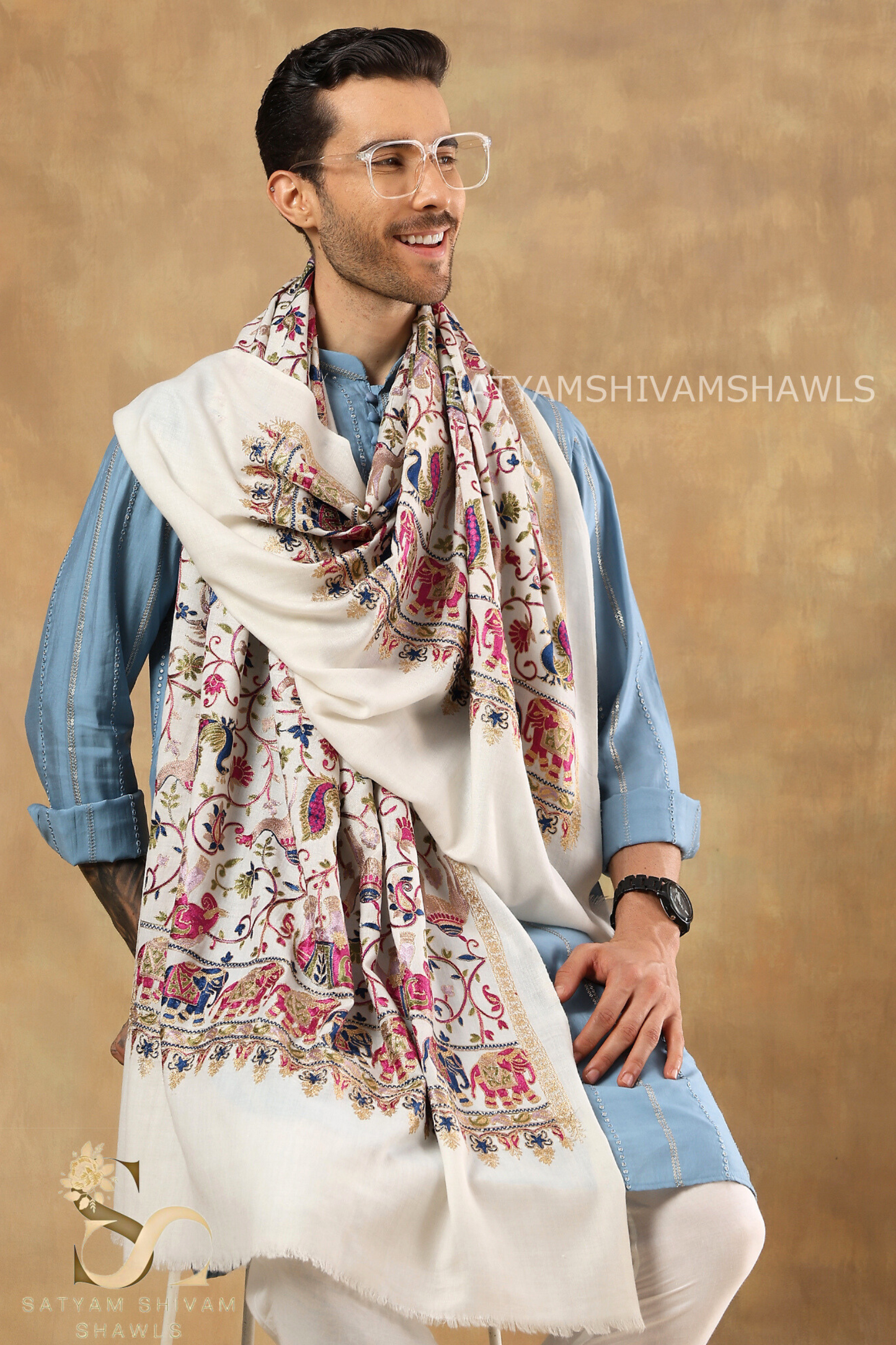 "SHIKAAR-E-KASHMIR" TILLA EMBRODIERY FINE PASHMINA WOOL, WARM AND SOFT,WHITE