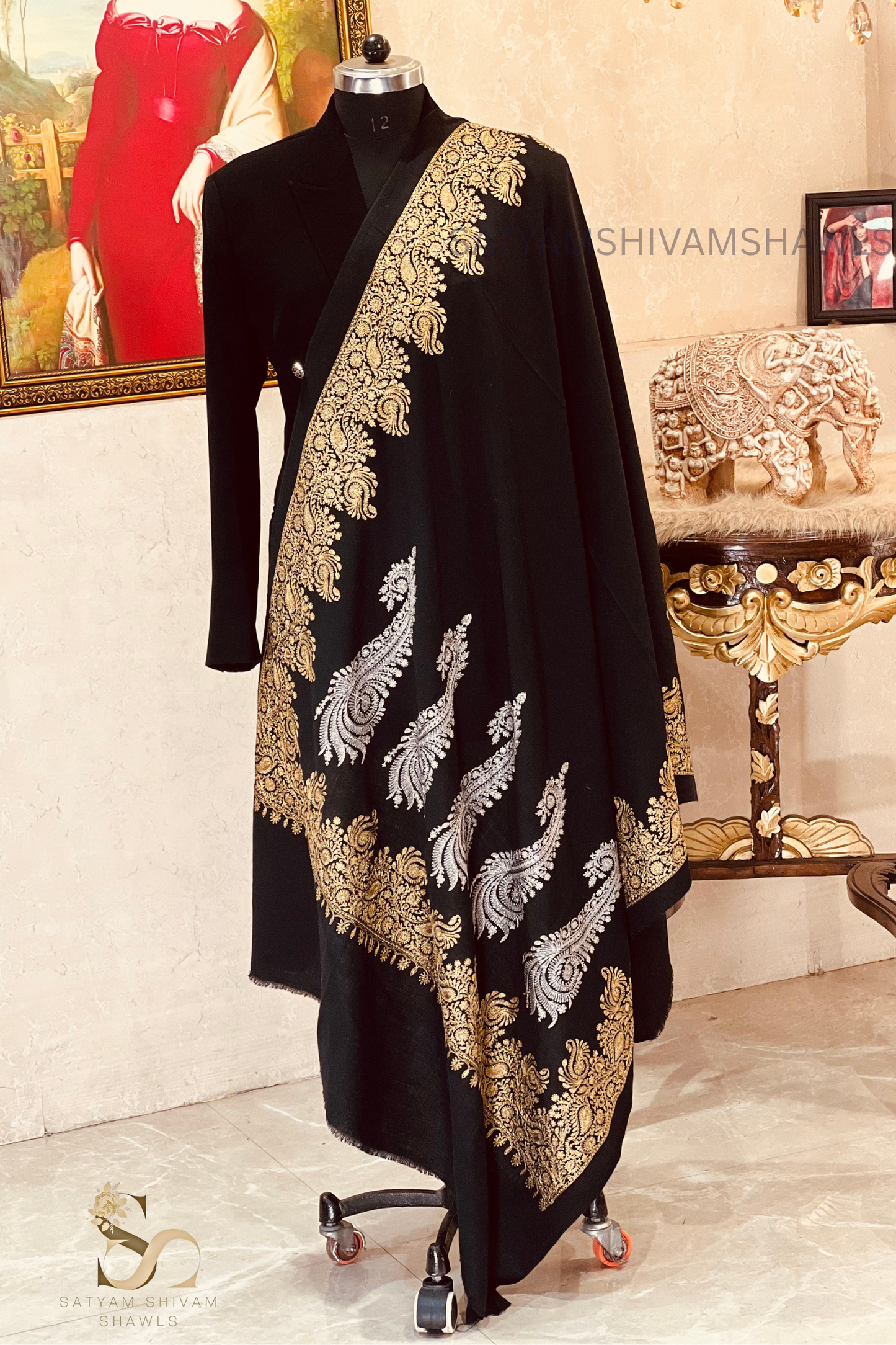 "SHIKAAR-E-KASHMIR" TILLA EMBROIDERY FINE PASHMINA WOOL, WARM AND SOFT,BLACK