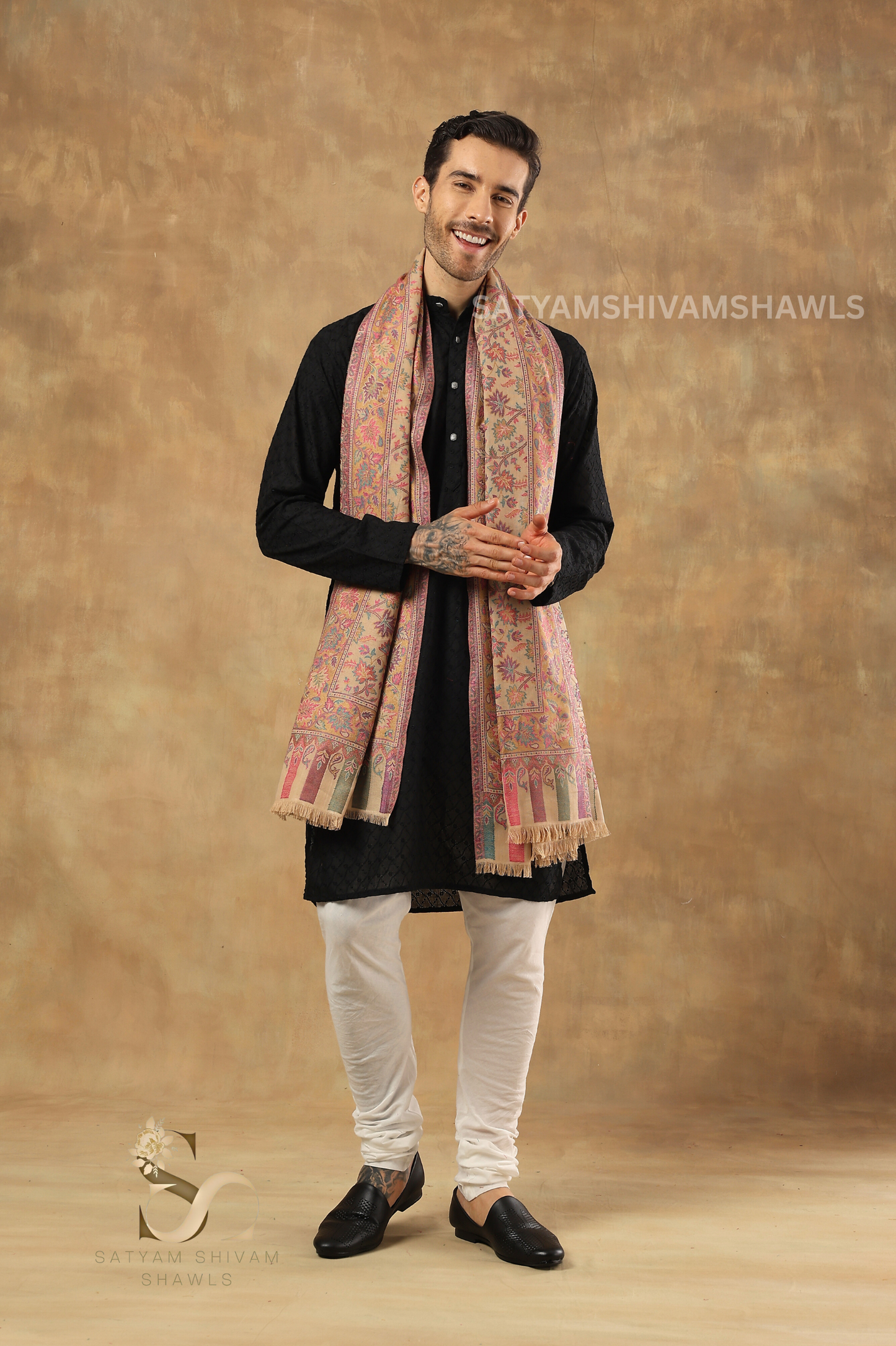 MENS ETHNIC KASHMIRI CHINAR DESIGN KANI  SHAWL, Light Weight, Soft And Warm, BEIGE