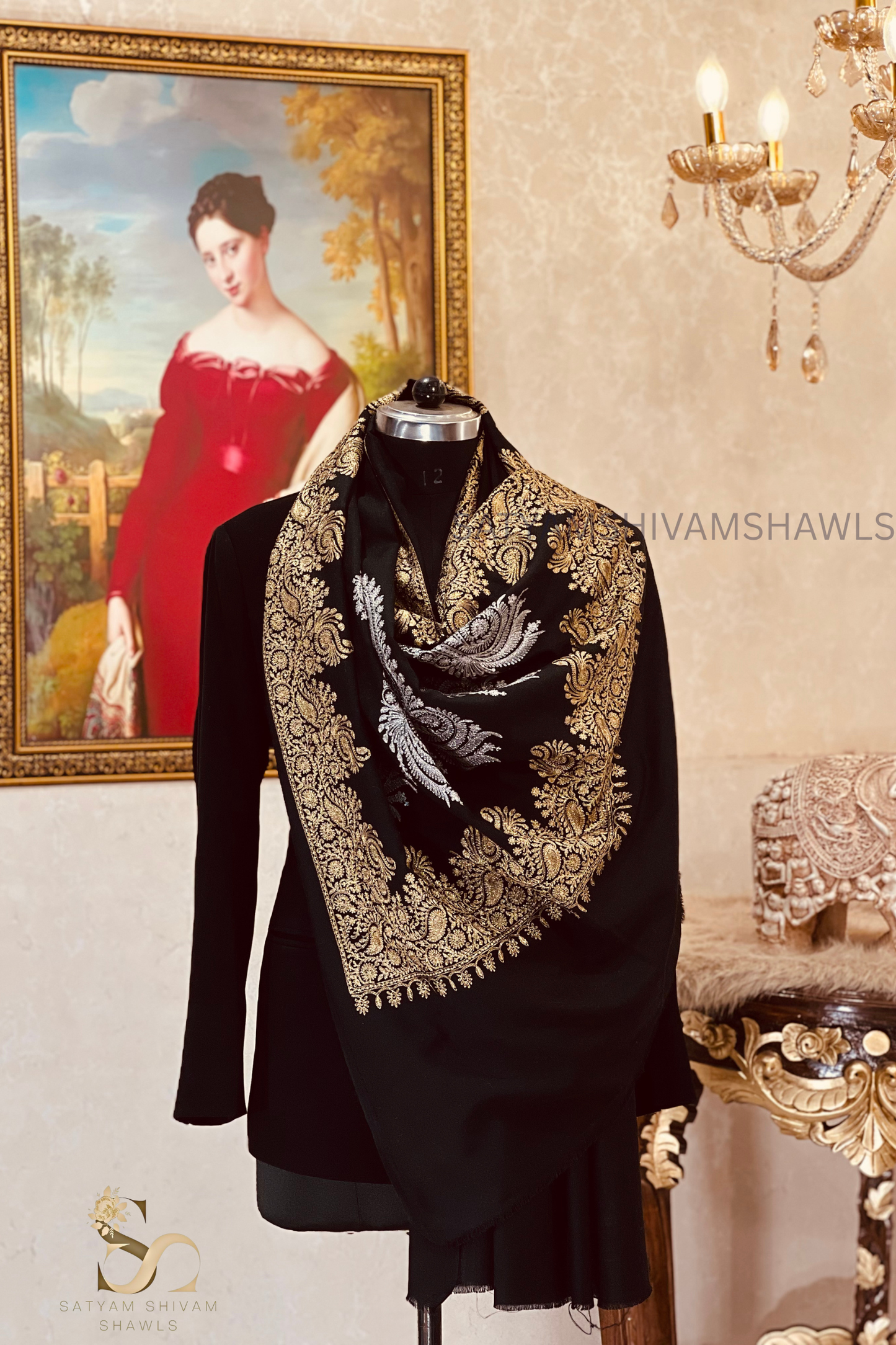 "SHIKAAR-E-KASHMIR" TILLA EMBROIDERY FINE PASHMINA WOOL, WARM AND SOFT,BLACK