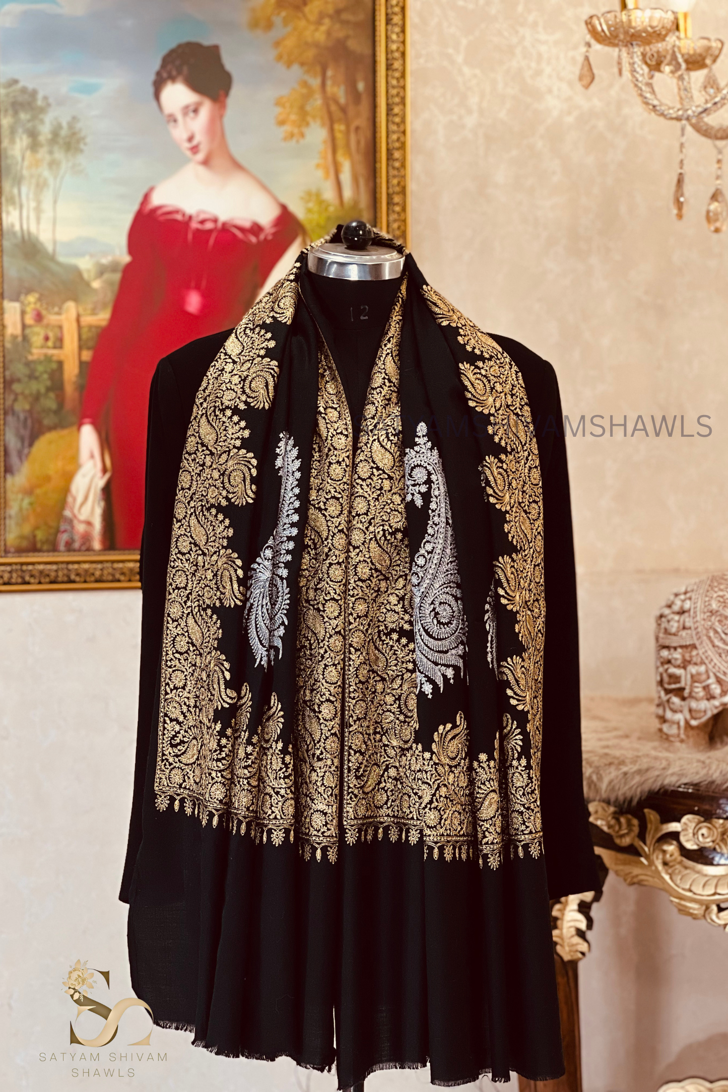 "SHIKAAR-E-KASHMIR" TILLA EMBROIDERY FINE PASHMINA WOOL, WARM AND SOFT,BLACK