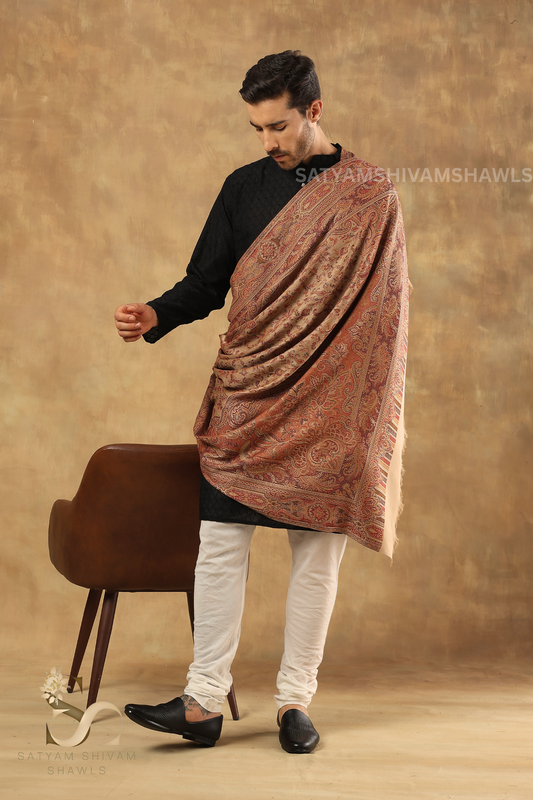 VINTAGE ROYAL JAMAWAR PAISLEY KANI DESIGN MENS SHAWL,BEIGE