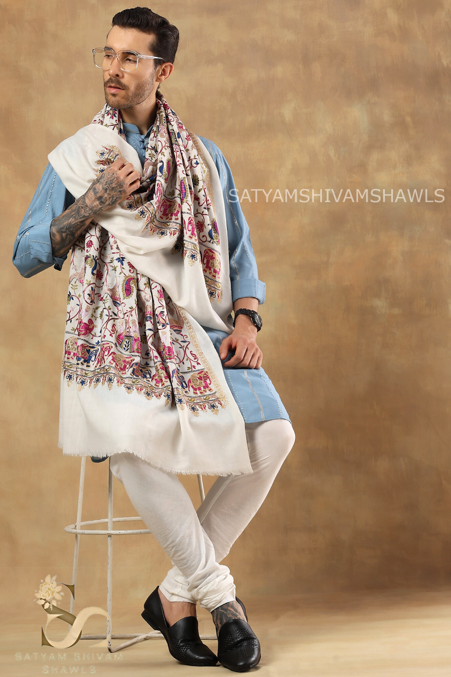 "SHIKAAR-E-KASHMIR" TILLA EMBRODIERY FINE PASHMINA WOOL, WARM AND SOFT,WHITE