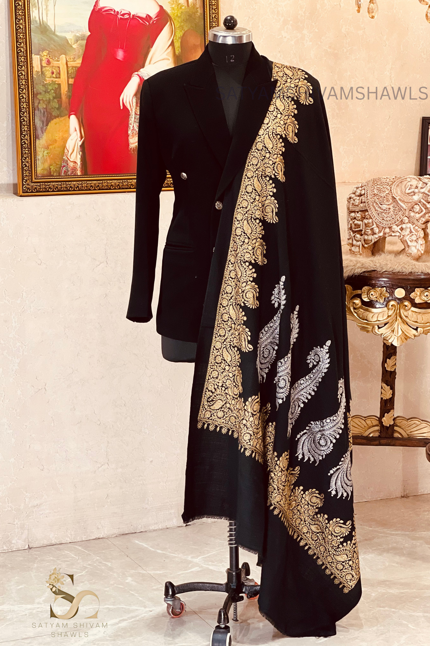 "SHIKAAR-E-KASHMIR" TILLA EMBROIDERY FINE PASHMINA WOOL, WARM AND SOFT,BLACK