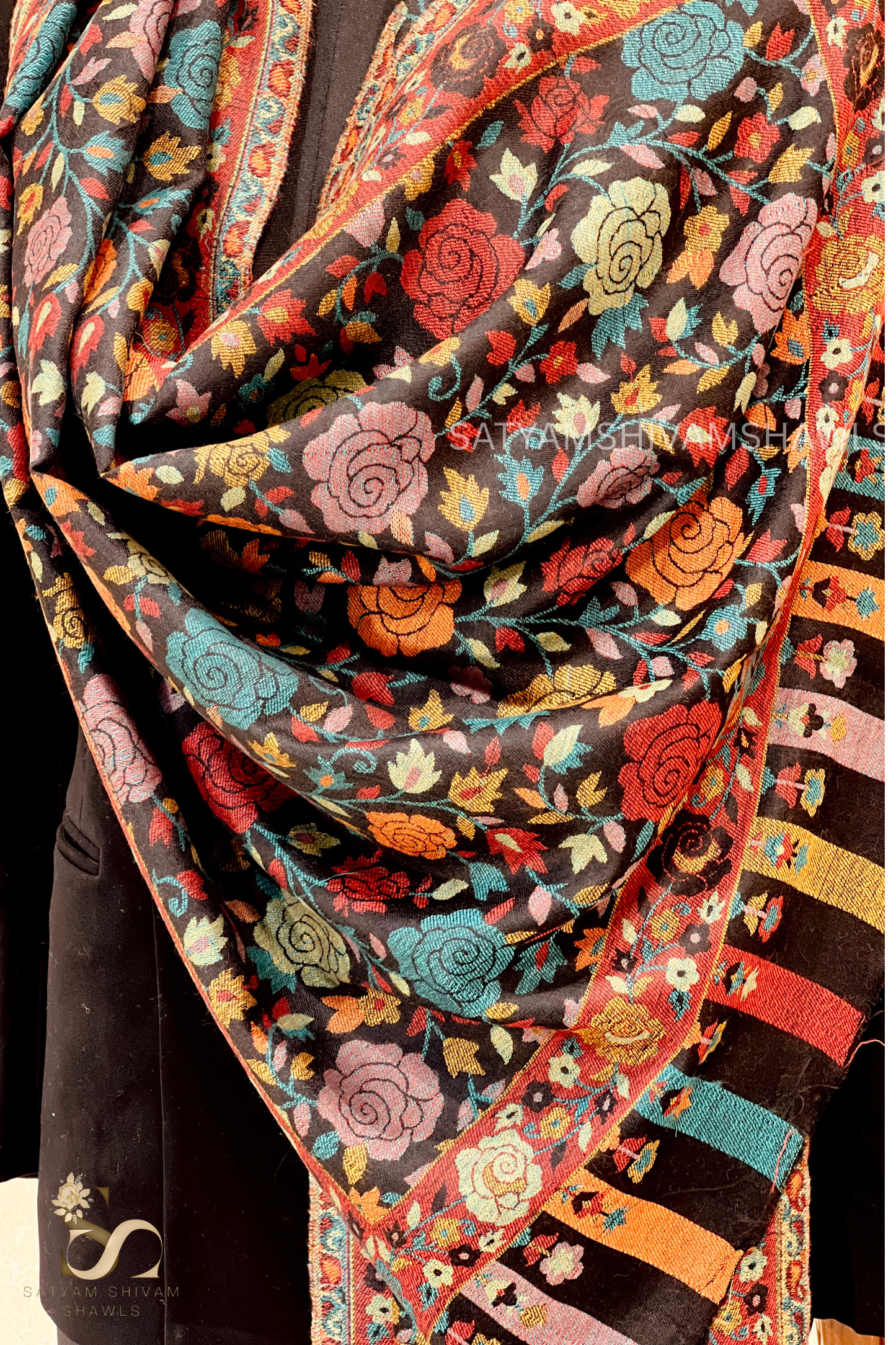 ARABIC ROSE KANI WOVEN LUXURY PASHMINA  WOMENS STOLE,BLACK