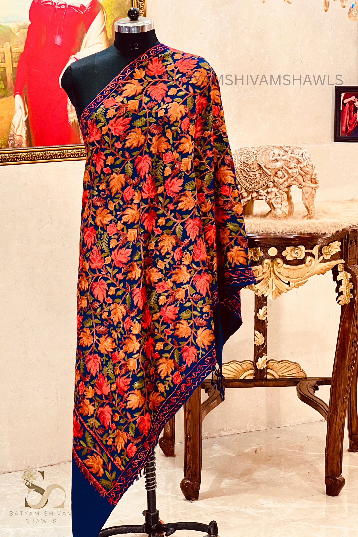 PURE WOOL KASHMIRI FINE ARRI WORK ANTIQUE CHINAR DESIGN STOLE,NAVY BLUE