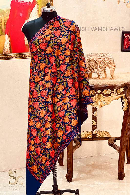 PURE WOOL KASHMIRI FINE ARRI WORK ANTIQUE CHINAR DESIGN STOLE,NAVY BLUE