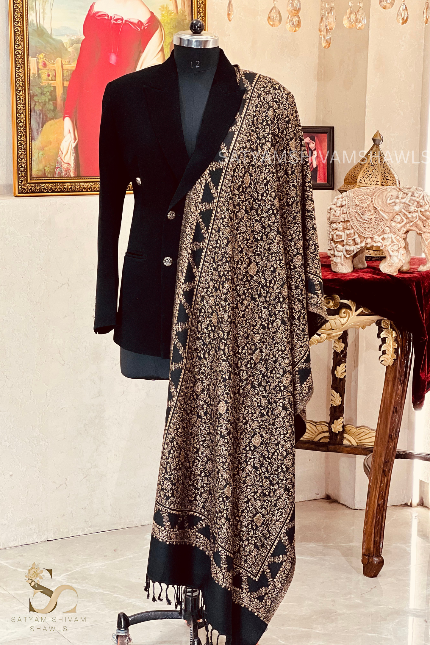 pure wool zari weaved stole,black