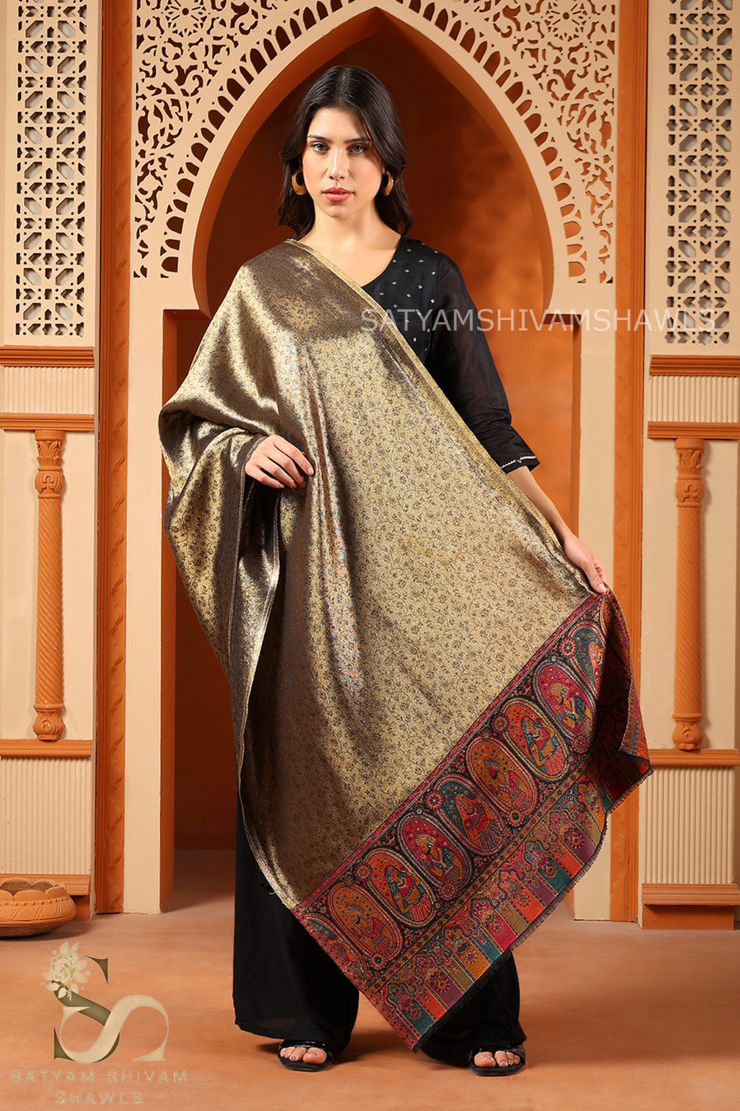 "Shaam-e-Mughal" TWILIGHT REVERSIBLE MUGHAL PALLA DESIGN SHAWL ,GOLDEN