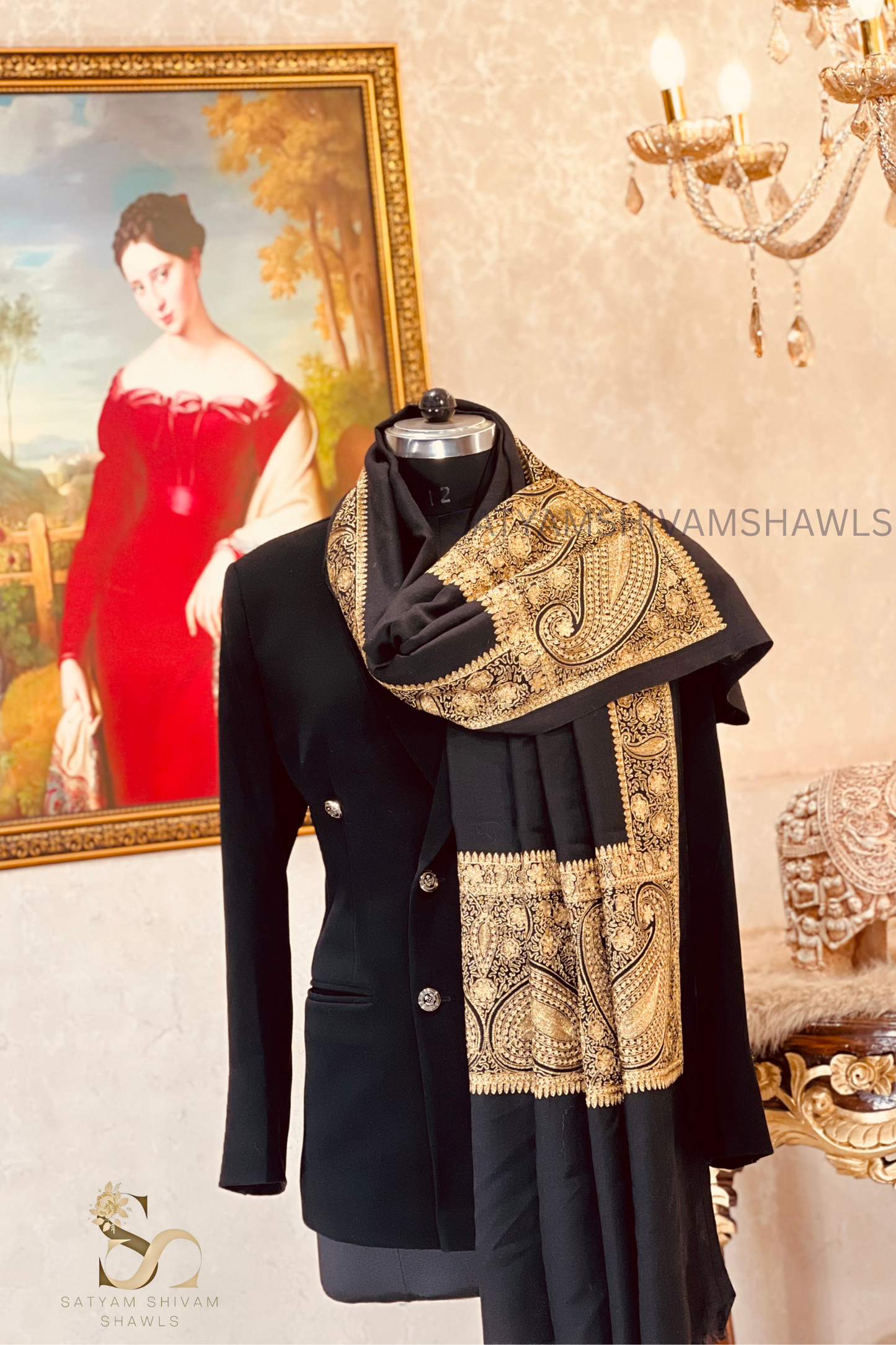 "MEHRUM ISHQ -E-KASHMIRI BORDER" TILLA EMBROIDERY FINE PASHMINA WOOL, WARM AND SOFT,BLACK