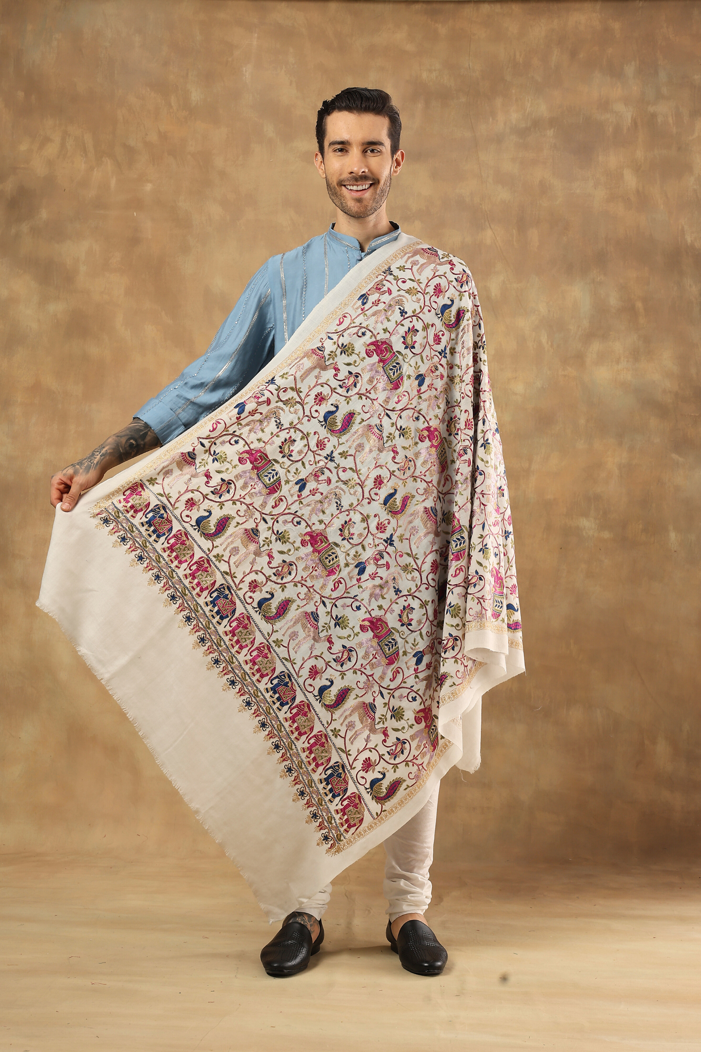 "SHIKAAR-E-KASHMIR" TILLA EMBRODIERY FINE PASHMINA WOOL, WARM AND SOFT,WHITE