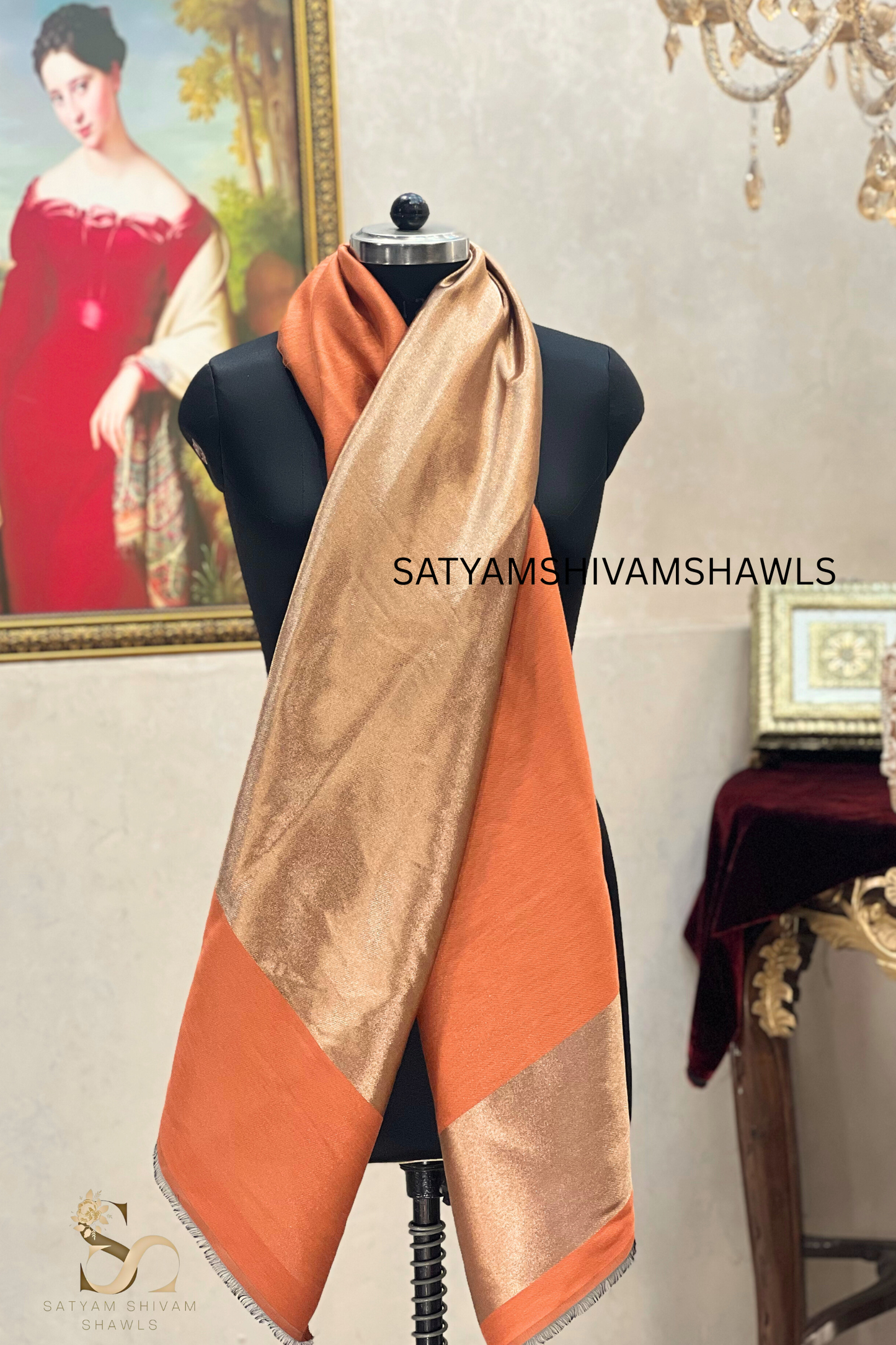 Noor-e-zari twilight reversible (STOLE) RICH ORANGE MOONLIGHT