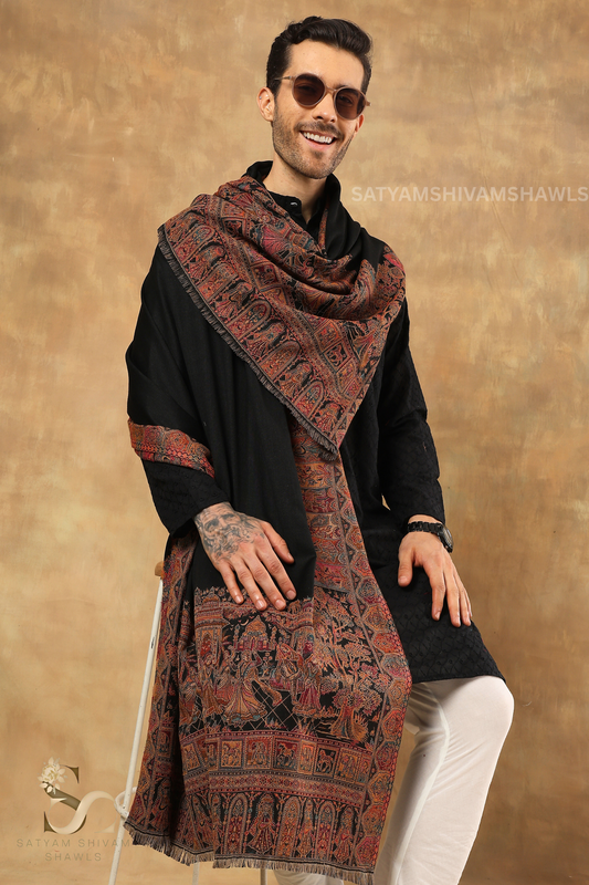 TAJ SAKHIYAAN  KANI BORDER WEAVE SHAWL, SOFT, WARM AND LIGHT WEIGHT, BLACK