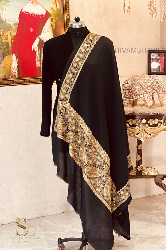 "MEHRUM ISHQ -E-KASHMIRI BORDER" TILLA EMBROIDERY FINE PASHMINA WOOL, WARM AND SOFT,BLACK