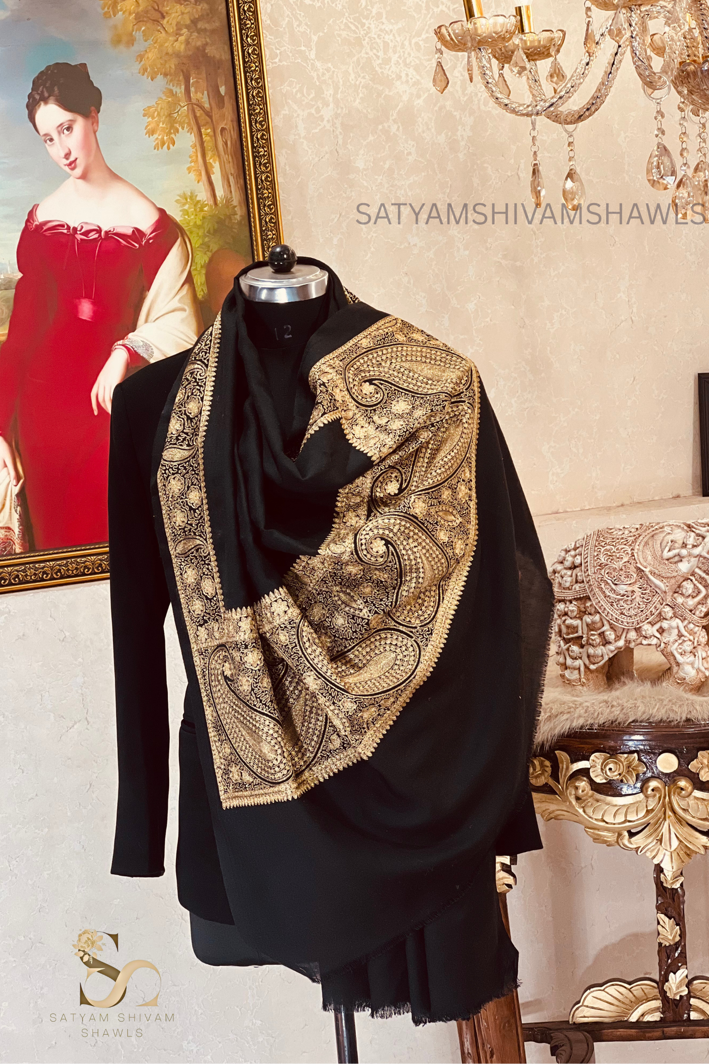 "MEHRUM ISHQ -E-KASHMIRI BORDER" TILLA EMBROIDERY FINE PASHMINA WOOL, WARM AND SOFT,BLACK