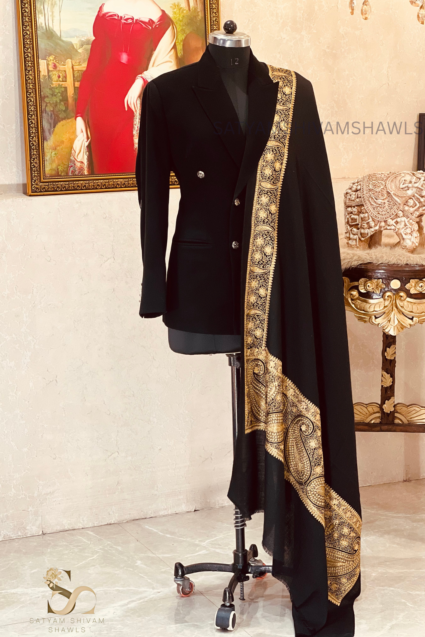 "MEHRUM ISHQ -E-KASHMIRI BORDER" TILLA EMBROIDERY FINE PASHMINA WOOL, WARM AND SOFT,BLACK