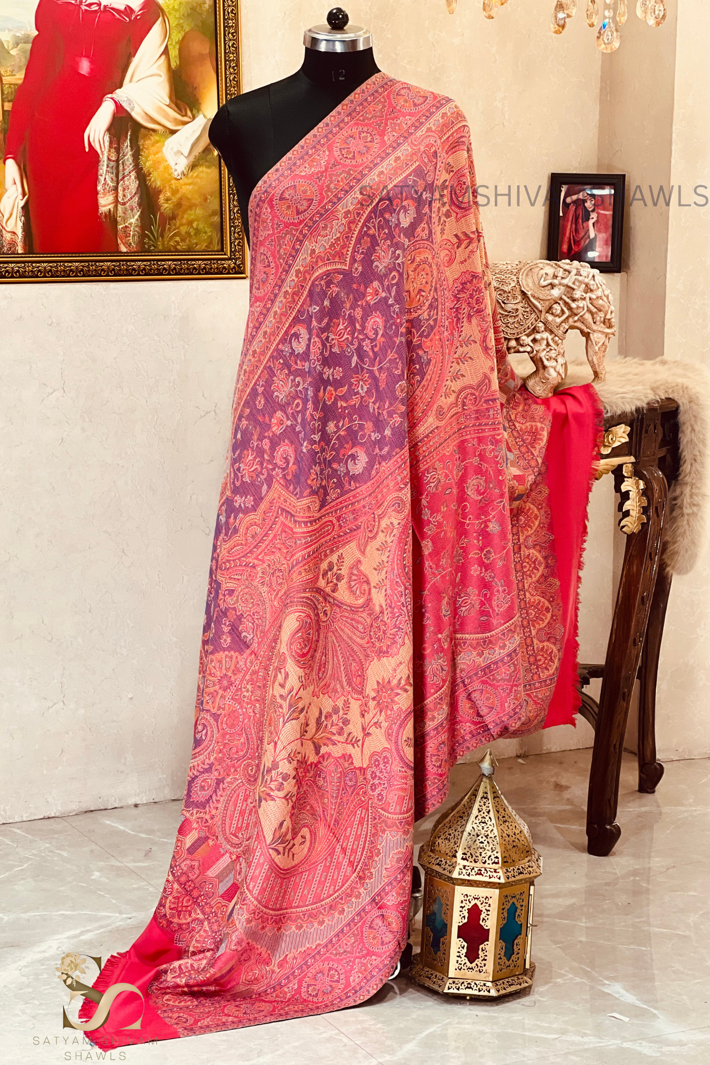 PURE WOOL ETHNIC KANI WEAVED SHAWL,WARM AND SOFT,CARROT PINK