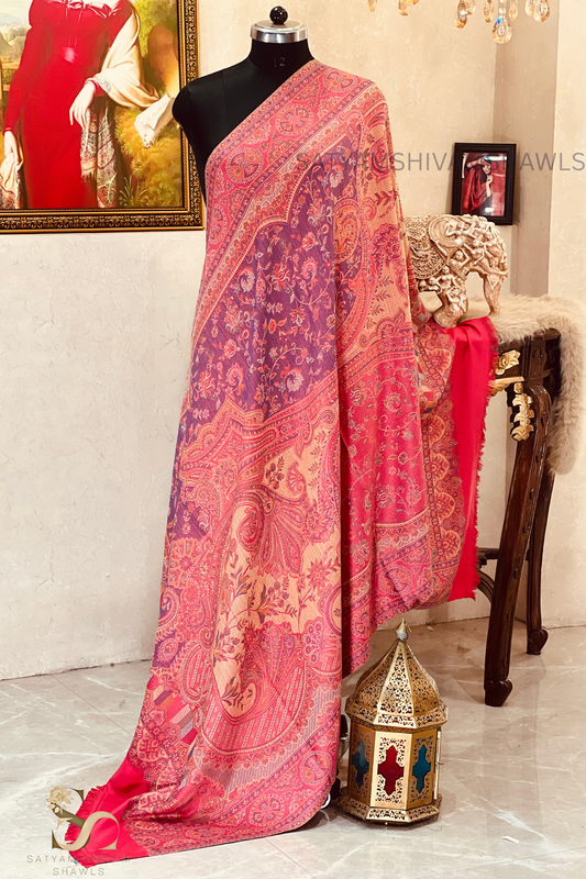 PURE WOOL ETHNIC KANI WEAVED SHAWL,WARM AND SOFT,CARROT PINK