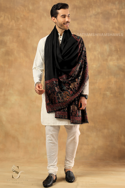 DHOLI PALLA KANI ZARI WEAVE PURE WOOL MENS  SHAWL,WARM AND SOFT,BLACK
