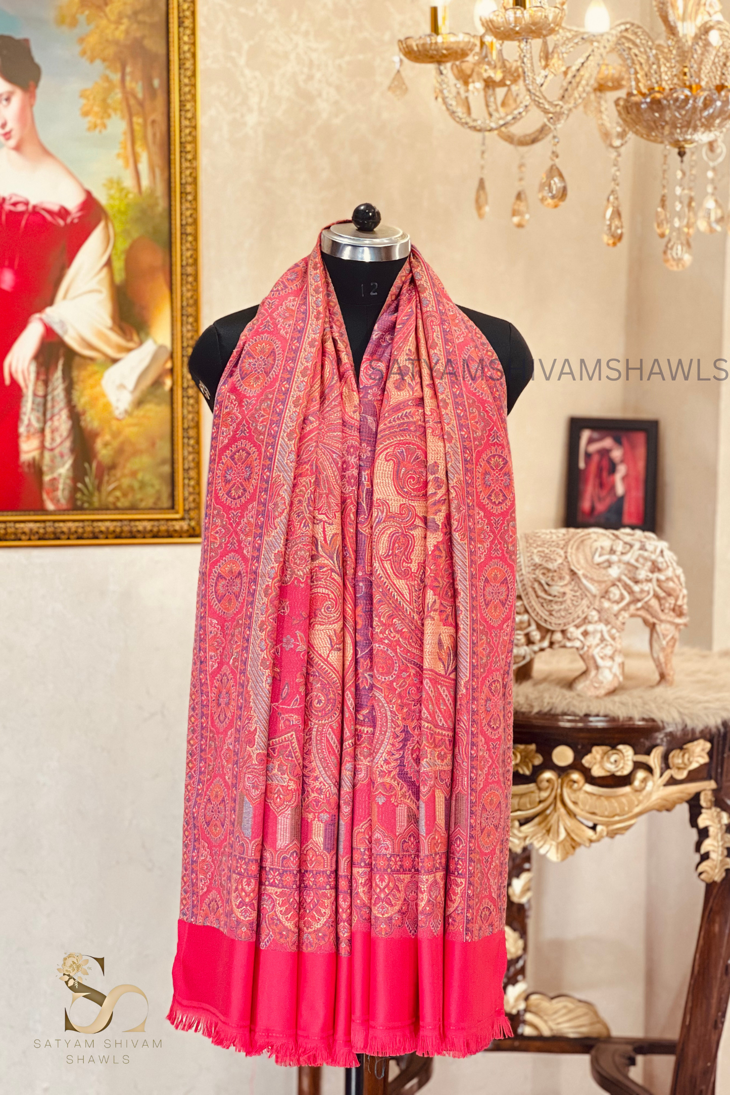 PURE WOOL ETHNIC KANI WEAVED SHAWL,WARM AND SOFT,CARROT PINK
