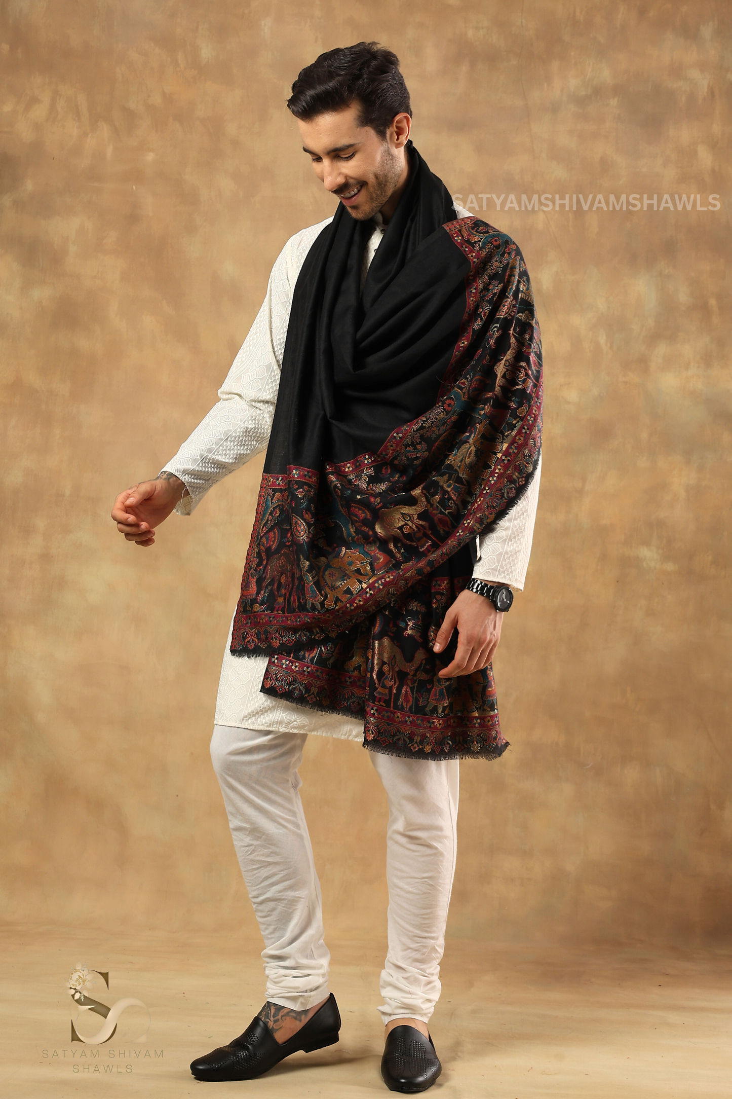 DHOLI PALLA KANI ZARI WEAVE PURE WOOL MENS  SHAWL,WARM AND SOFT,BLACK