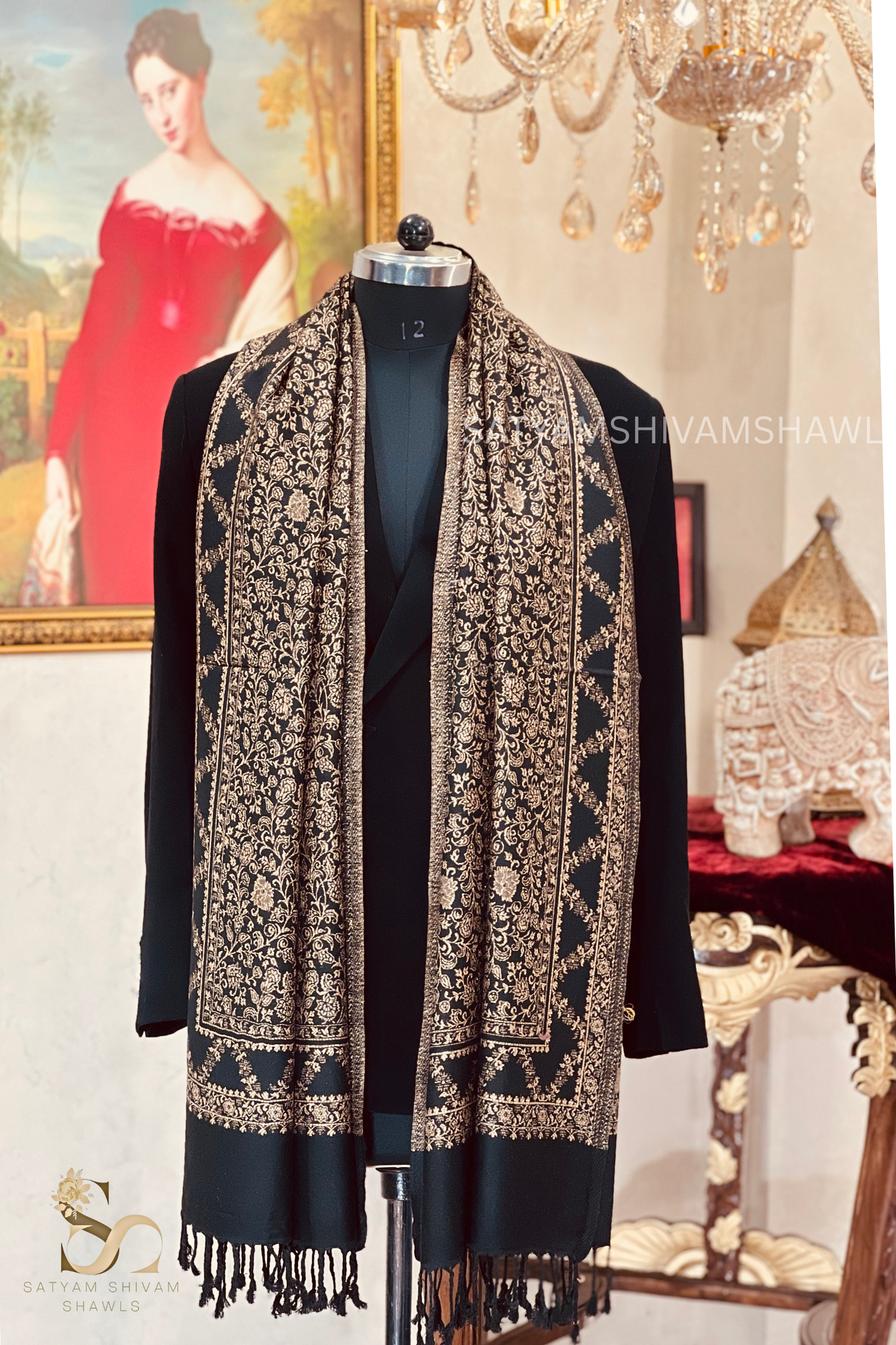 pure wool zari weaved stole,black