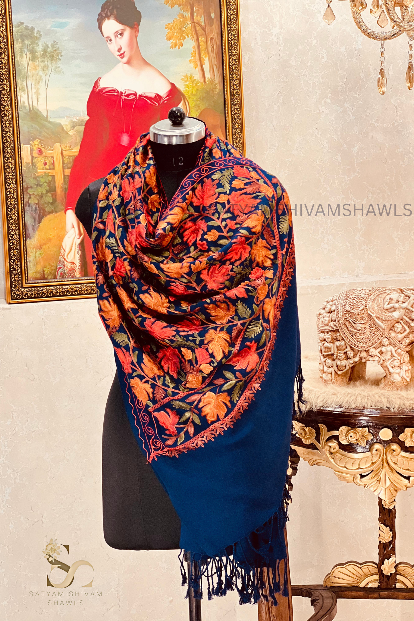 PURE WOOL KASHMIRI FINE ARRI WORK ANTIQUE CHINAR DESIGN STOLE,NAVY BLUE