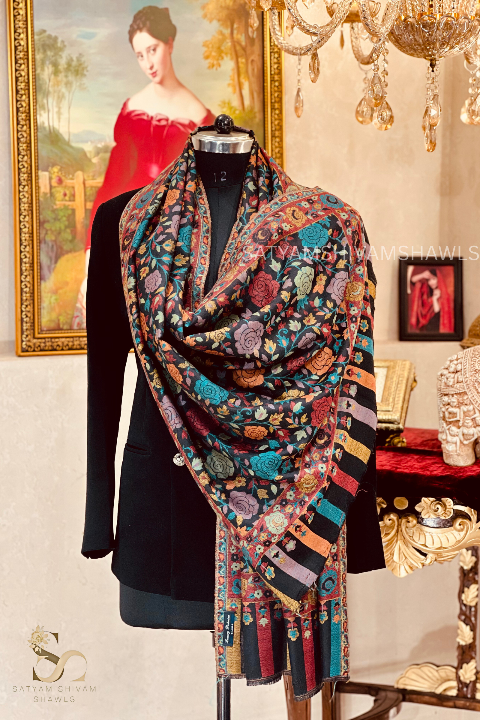 ARABIC ROSE KANI WOVEN LUXURY PASHMINA  WOMENS STOLE,BLACK