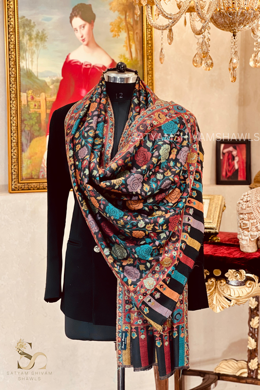 ARABIC ROSE KANI WOVEN LUXURY PASHMINA  WOMENS STOLE,BLACK