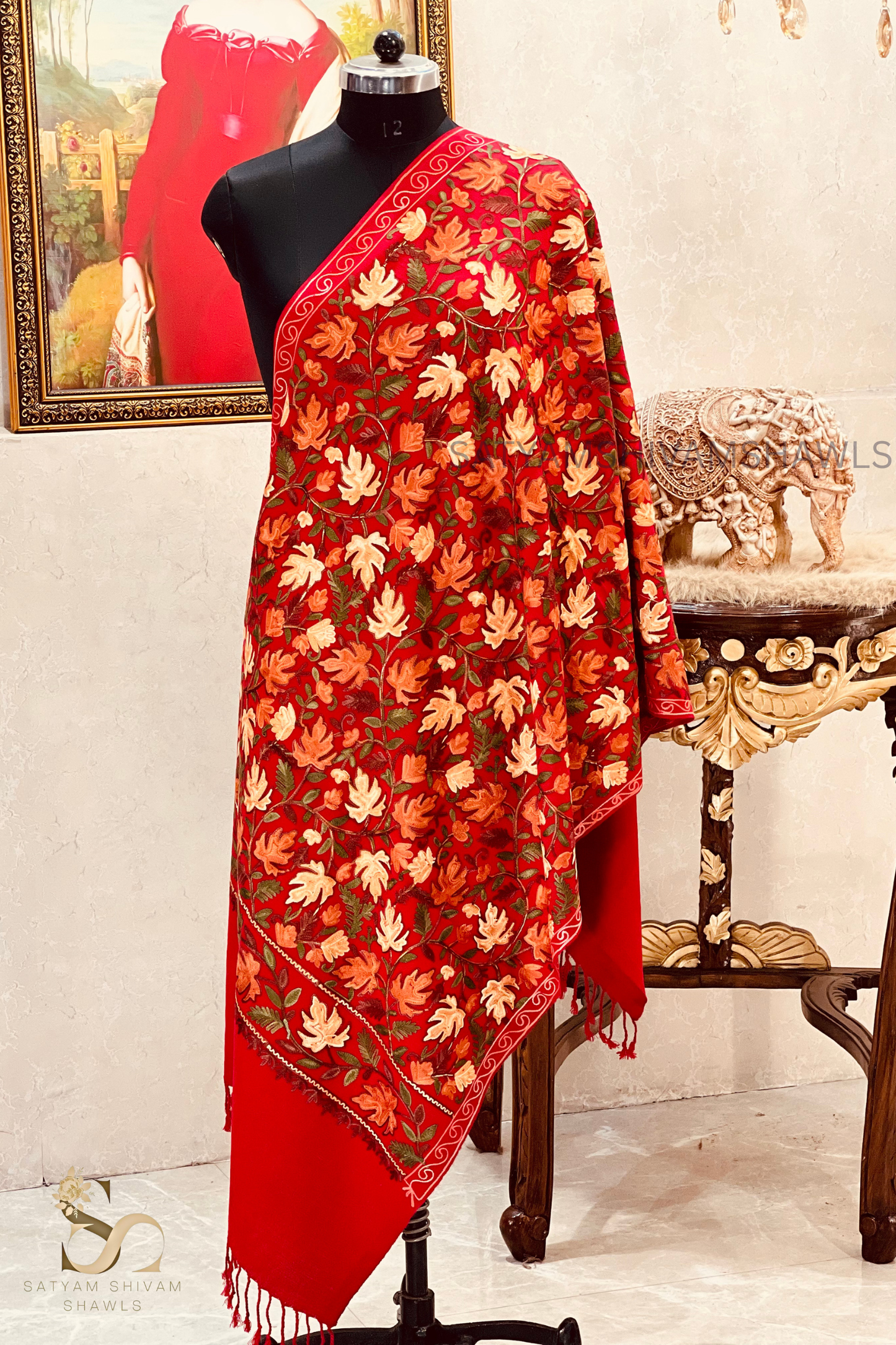 PURE WOOL KASHMIRI FINE ARRI WORK ANTIQUE CHINAR DESIGN STOLE,MEHROON