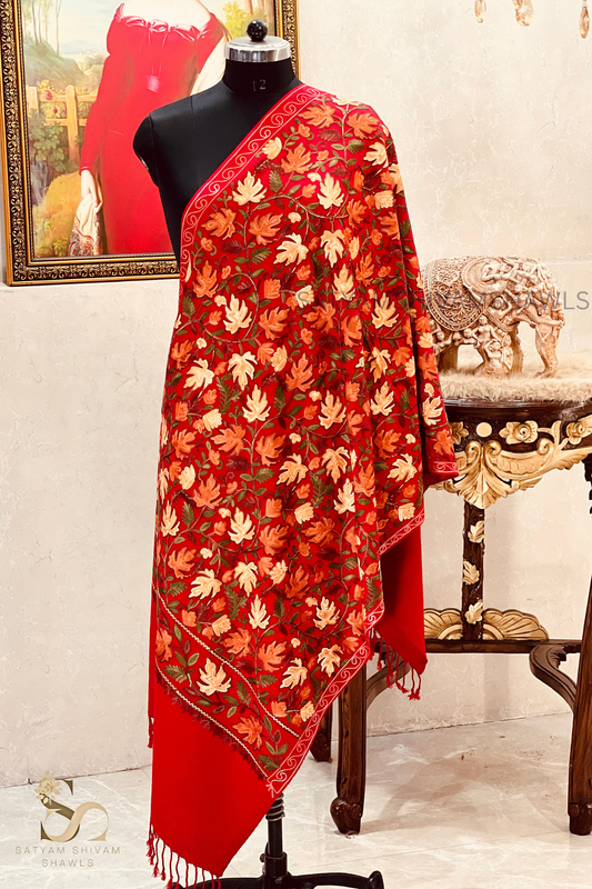 PURE WOOL KASHMIRI FINE ARRI WORK ANTIQUE CHINAR DESIGN STOLE,MEHROON