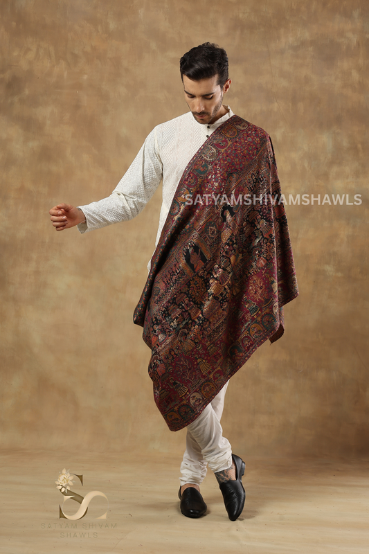 "SHAAN -E-DARBAR" THEME KANI  PASHMINA BLEND WOOL MENS STOLES, BLACK