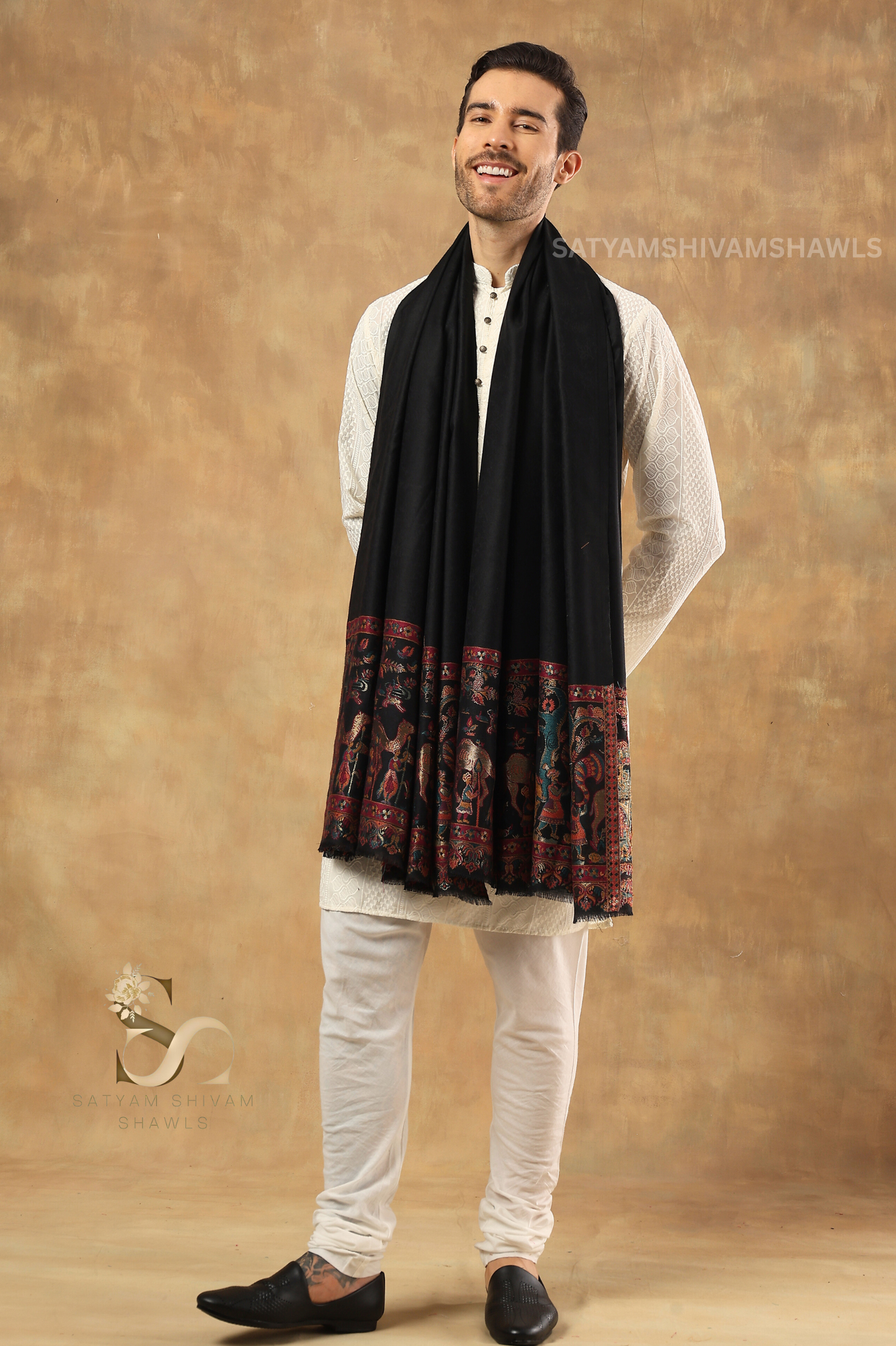 DHOLI PALLA KANI ZARI WEAVE PURE WOOL MENS  SHAWL,WARM AND SOFT,BLACK