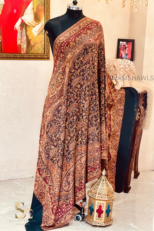 PURE WOOL ETHNIC KANI WEAVED SHAWL,WARM AND SOFT,BLACK