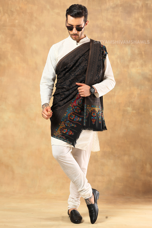 KASHIDA VINTAGE KANI WEAVED PALLA SHAWL,WARM AND SOFT,WARM BLACK COLOUR